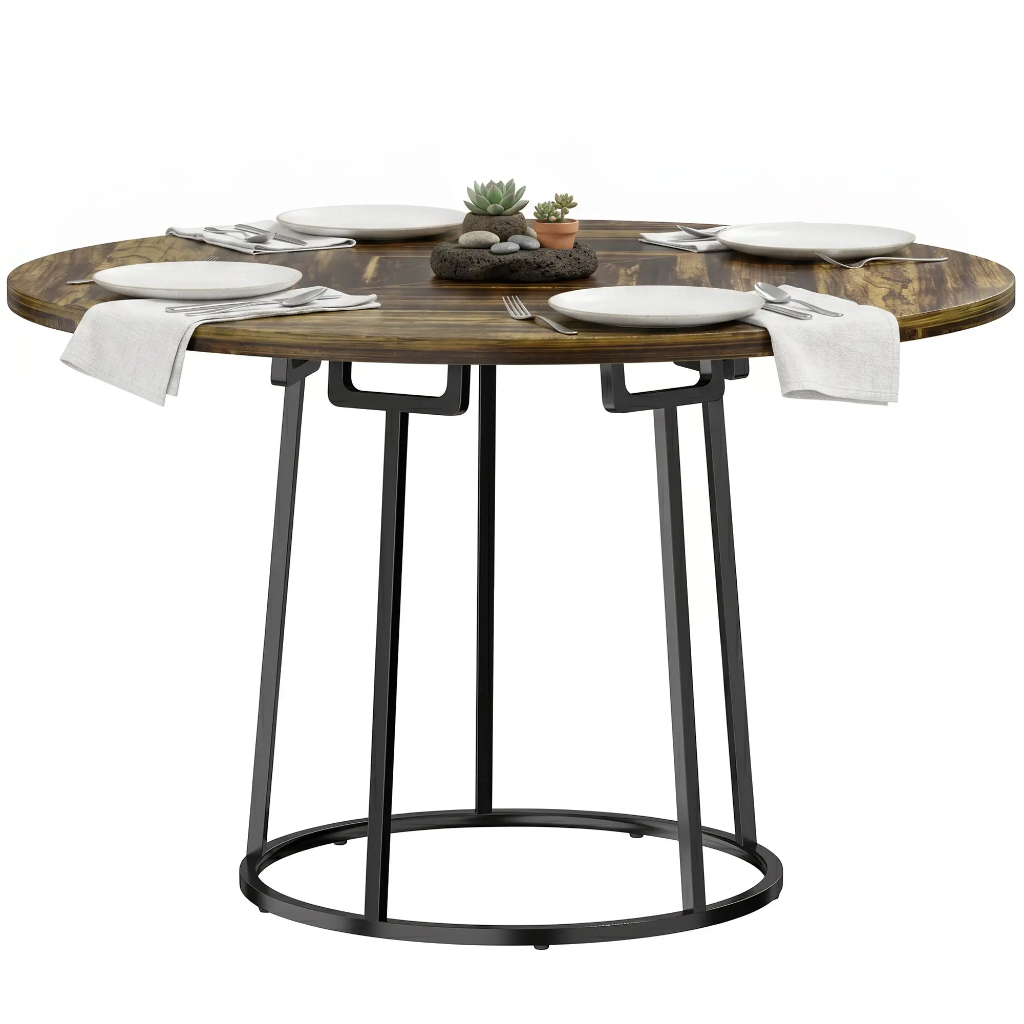 120 cm Round Dining Table for 4–6 People with Spliced Wood Top & Conical Metal Base, Rustic Brown