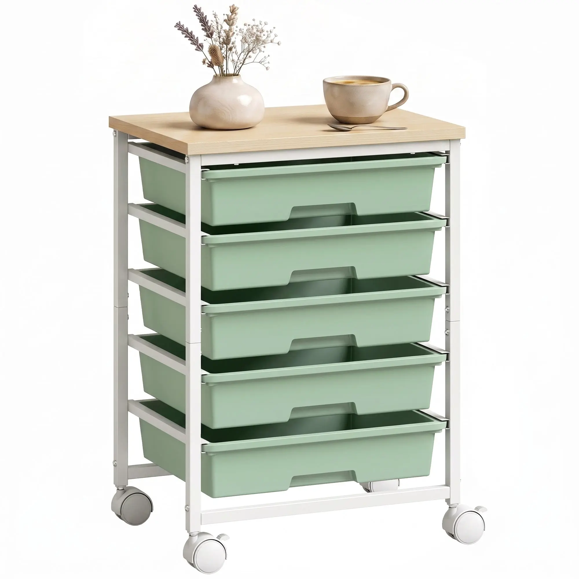 6-Tier Metal Rolling Cart with 5 Pull-Out Drawers on Wheels, Green
