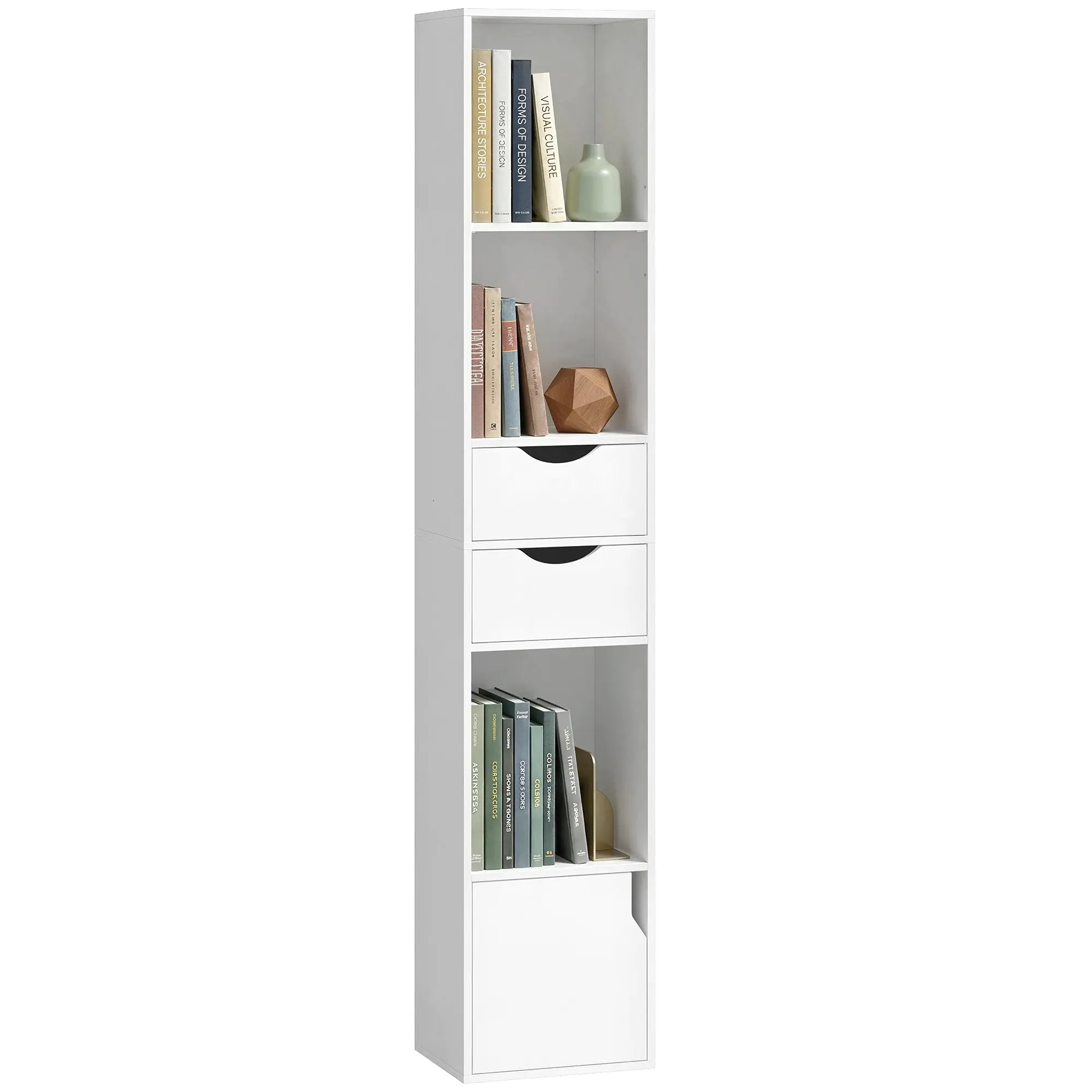 158 cm 3-Tier Bookcase with Drawers and Doors, Slim Adjustable Cabinet, White