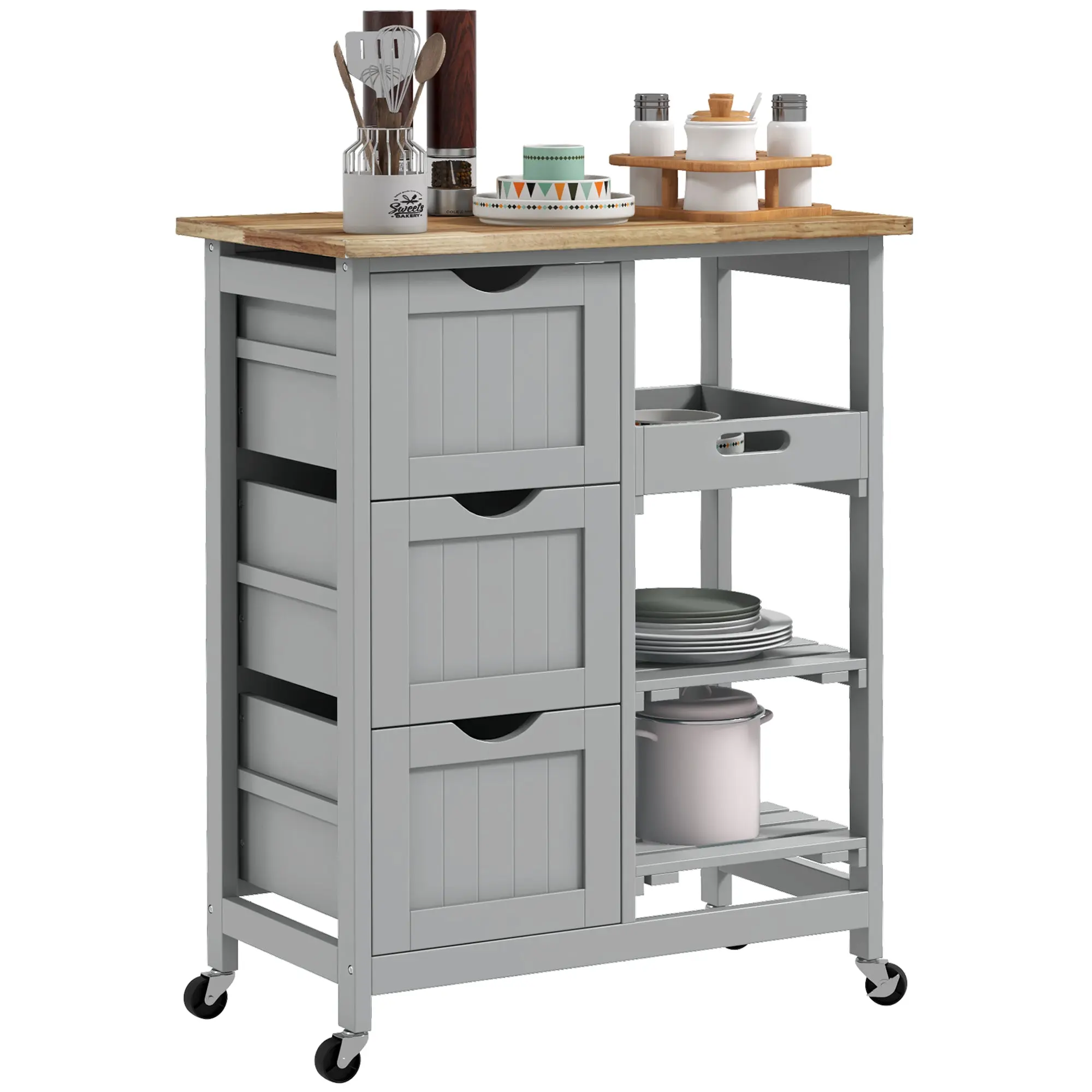 Rolling Kitchen Island with Wood Top, Shelves & Drawers for Dining Area, Grey