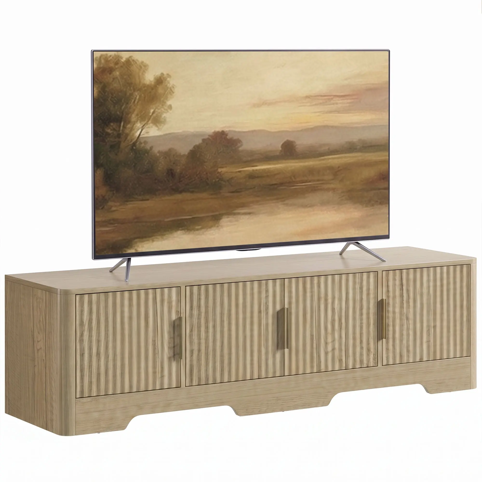 TV Stand for TVs up to 60" with Fluted Doors, 3-Cabinet Media Console Table, Oak