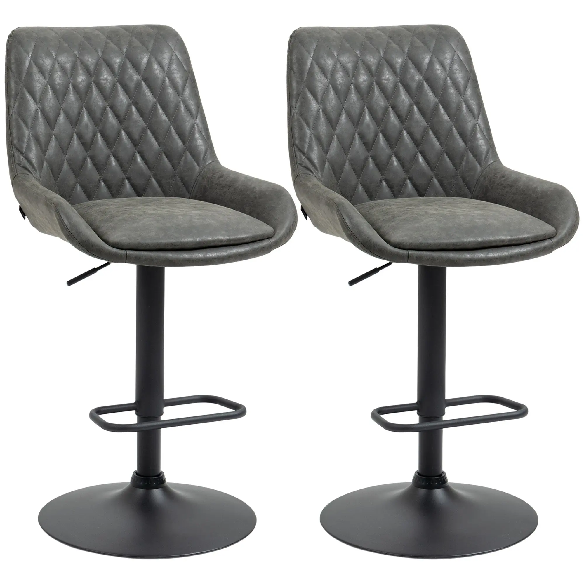 Retro Bar Stools Set of 2 with Wide Seat, Height Adjustable Swivel Dining Chairs, Dark Grey