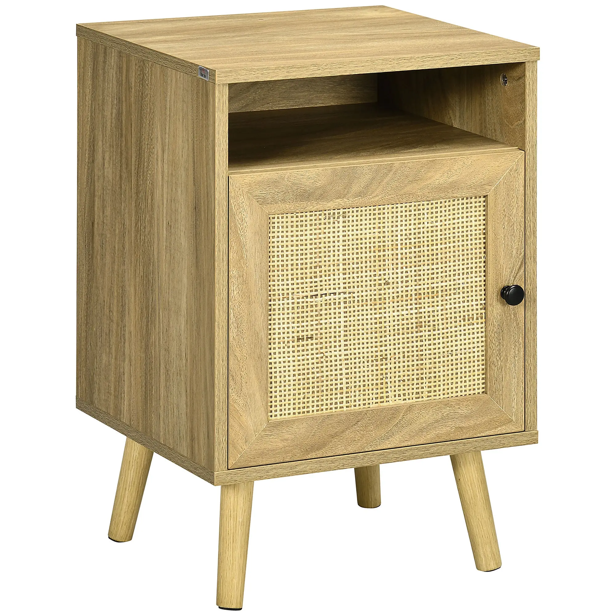 Bedside Table with Storage Shelf, Door Cupboard, Rattan Element  and Tapered Leg, Natural