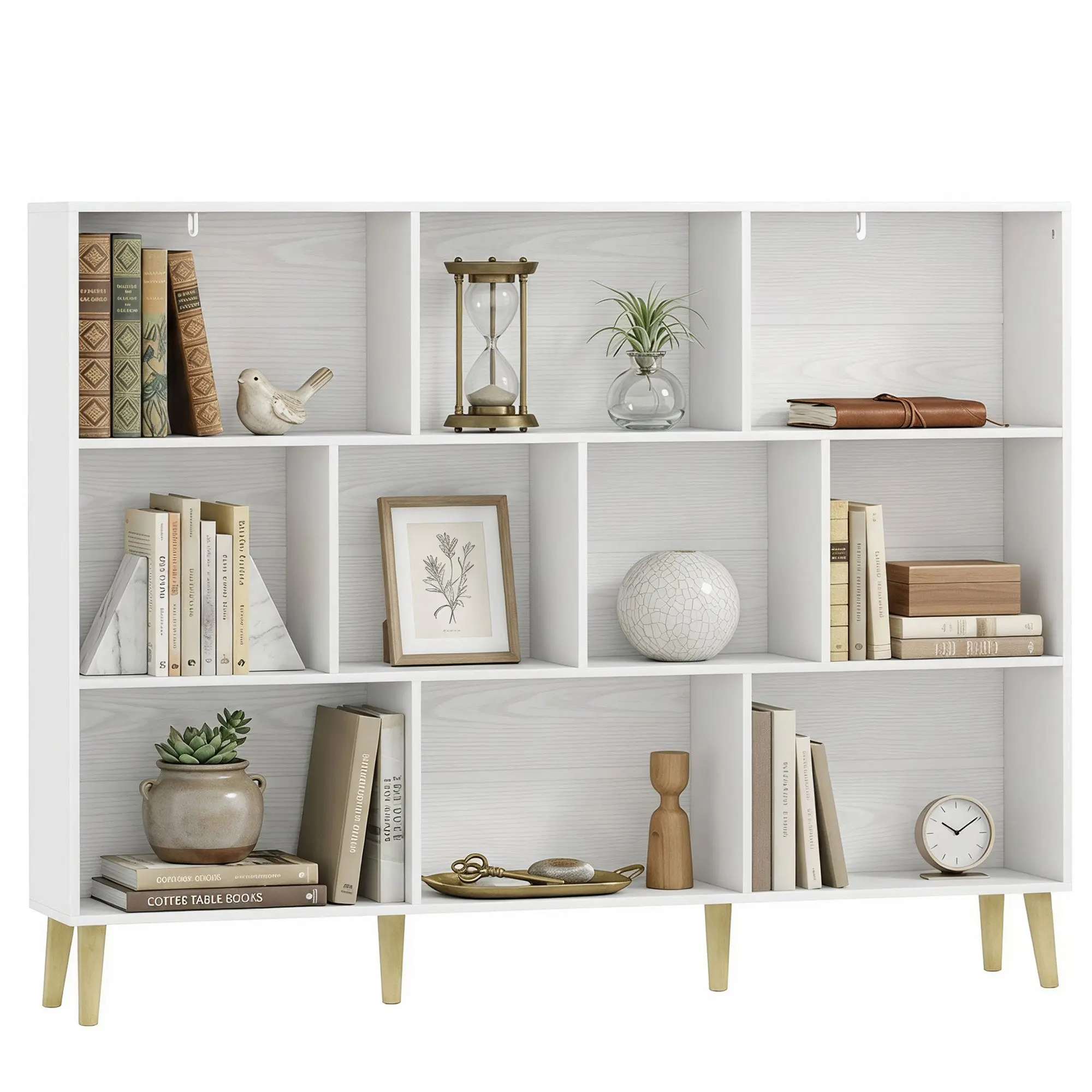 10-Cube Bookshelf with Solid Wood Legs, 140 cm Modern Freestanding Shelf for Bedroom or Study, White Wood Effect