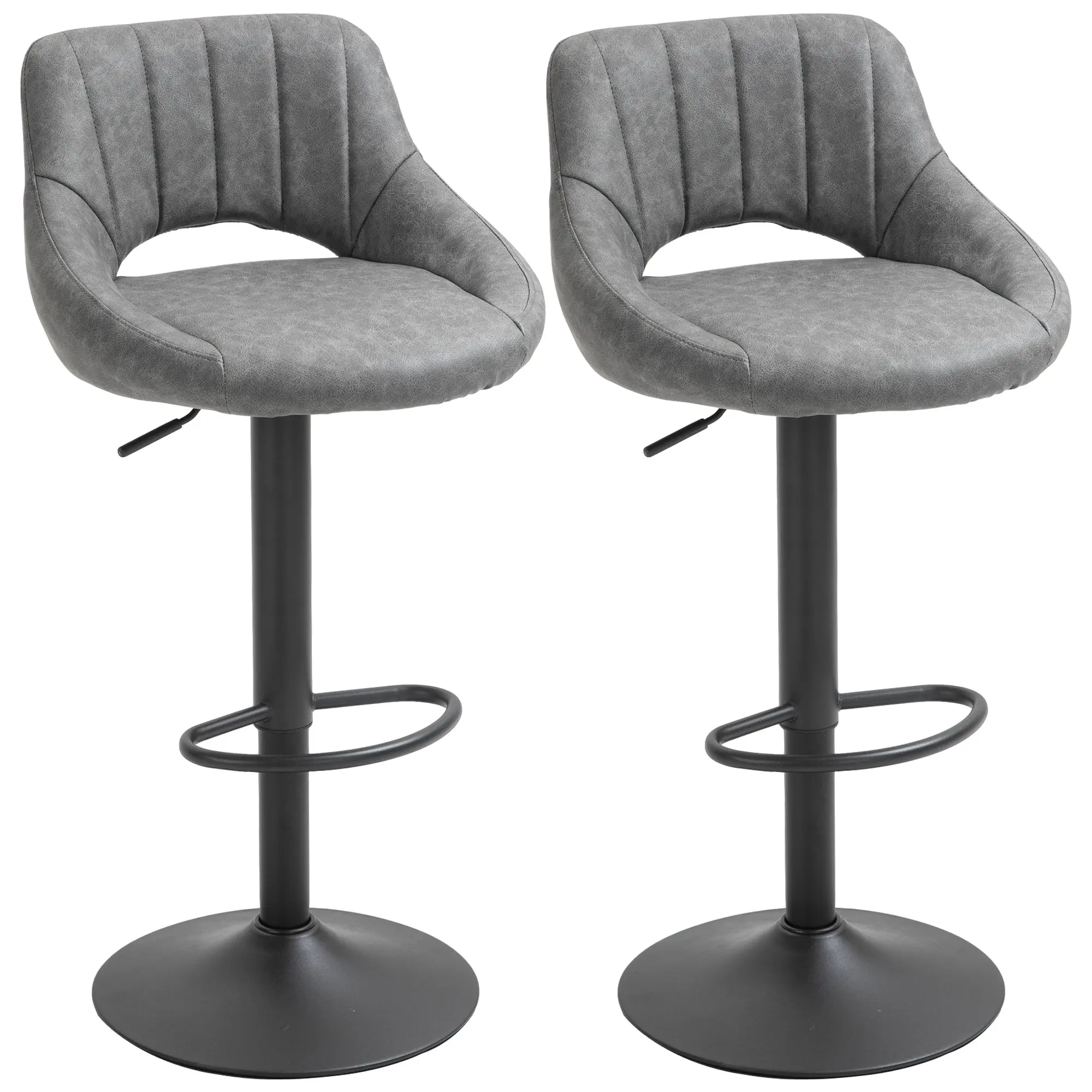 Set of 2 Adjustable Faux Leather Swivel Bar Stools with Round Metal Base, Grey