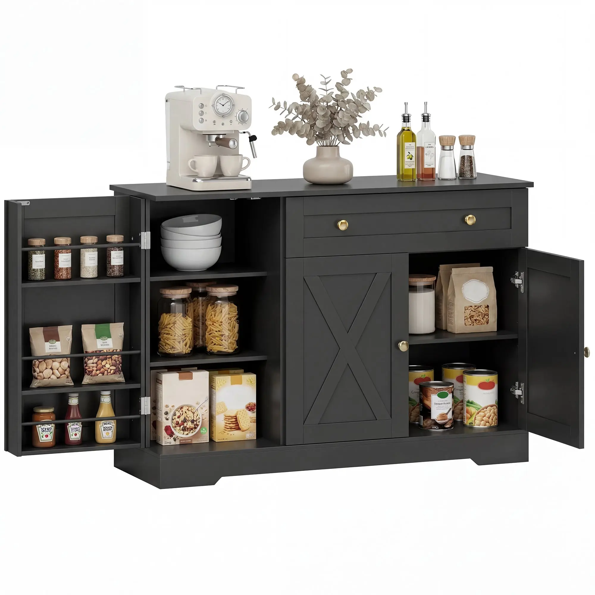 47" Farmhouse Sideboard with 3 Barn Doors, Drawer & Adjustable Shelves, Black