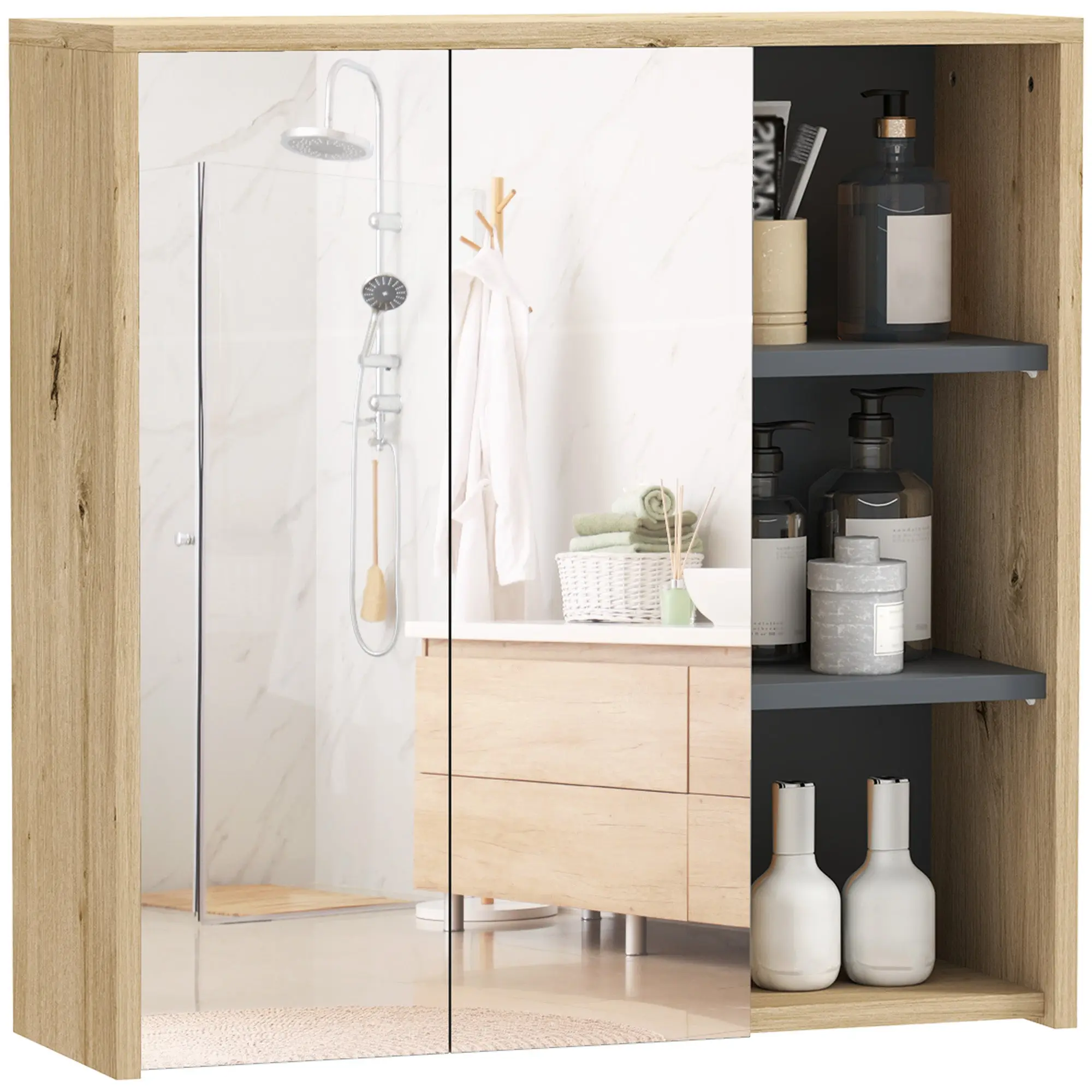 Wall Mount Medicine Cabinet with Mirror, 2 Soft-Close Doors & Shelves, Natural