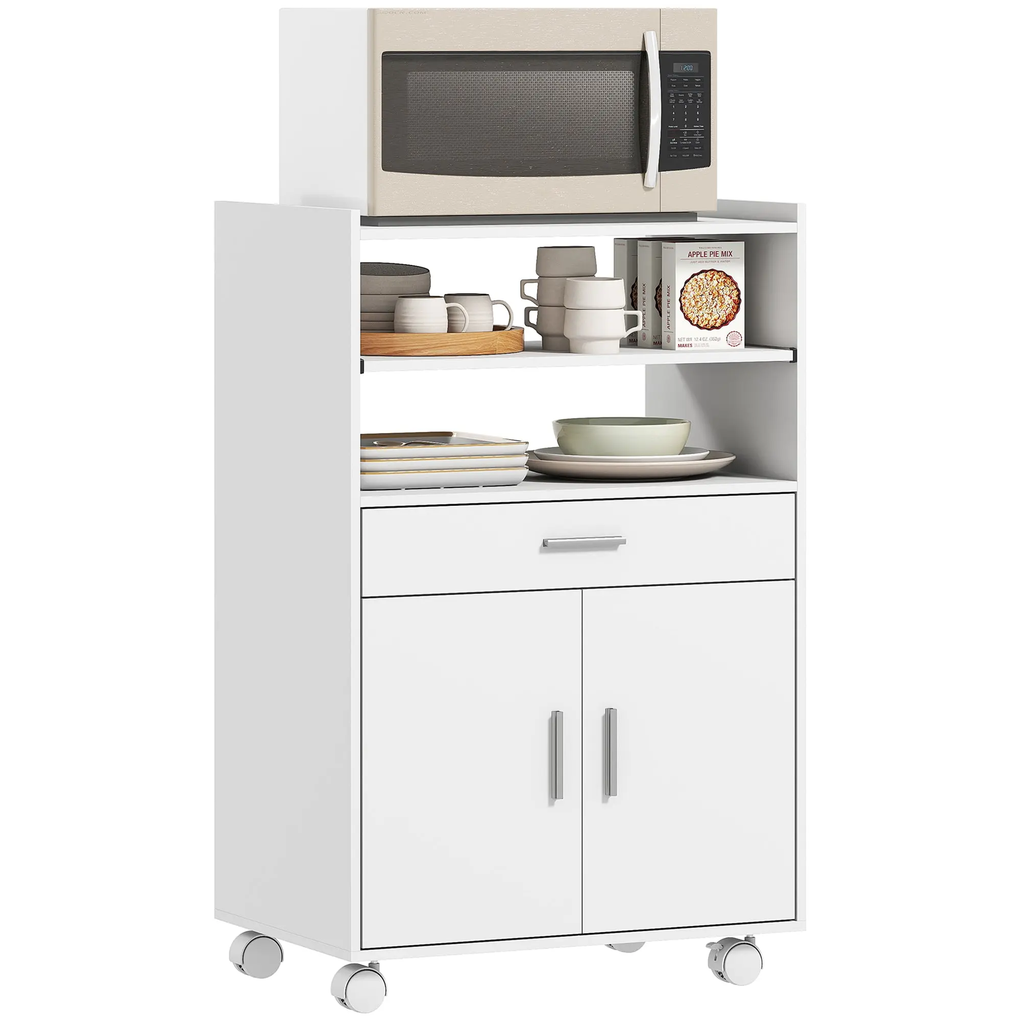 Microwave Cart with Wheels and Worktop, Open Shelves & Drawer, White