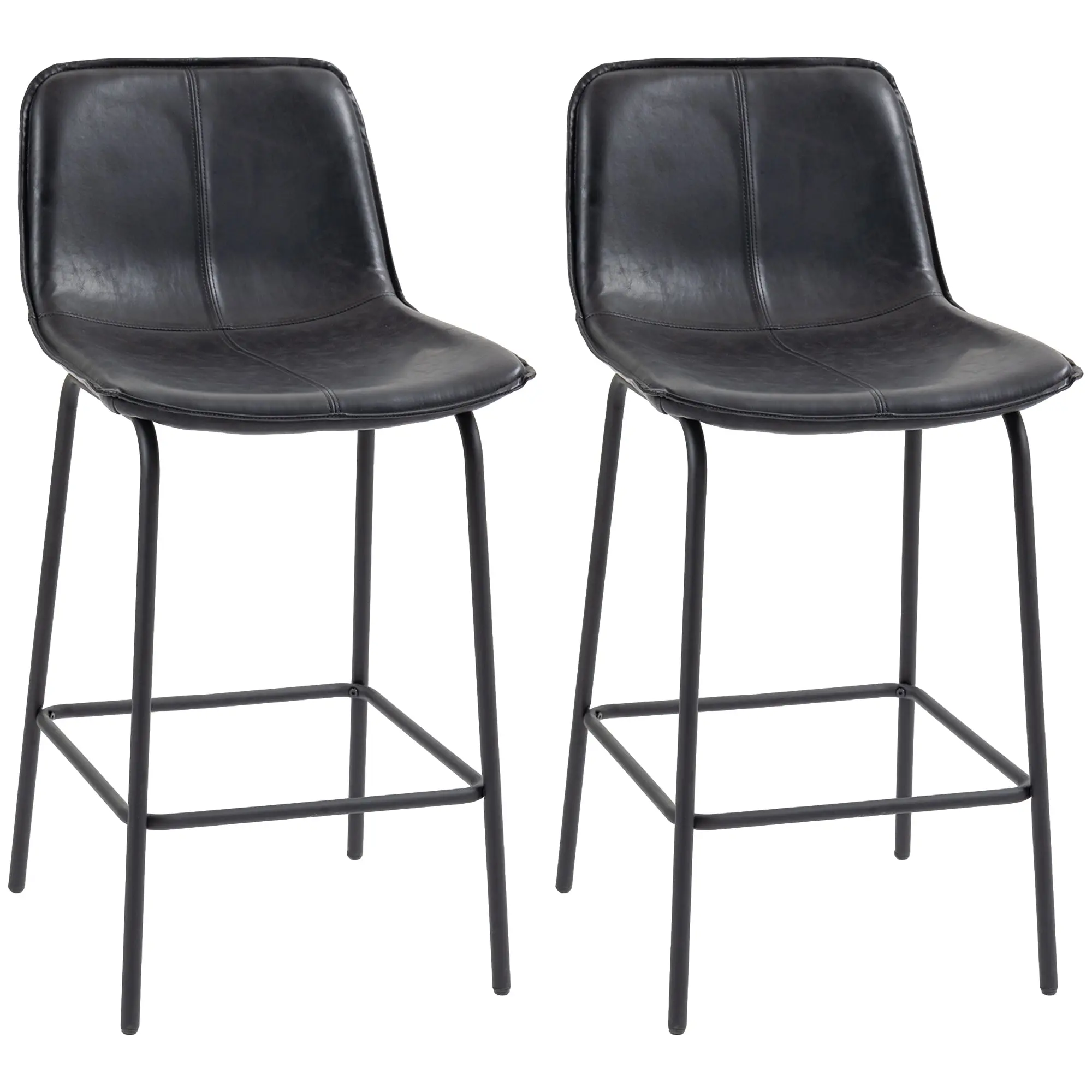 Set of 2 Upholstered 26" Bar Stools with Steel Legs, Black