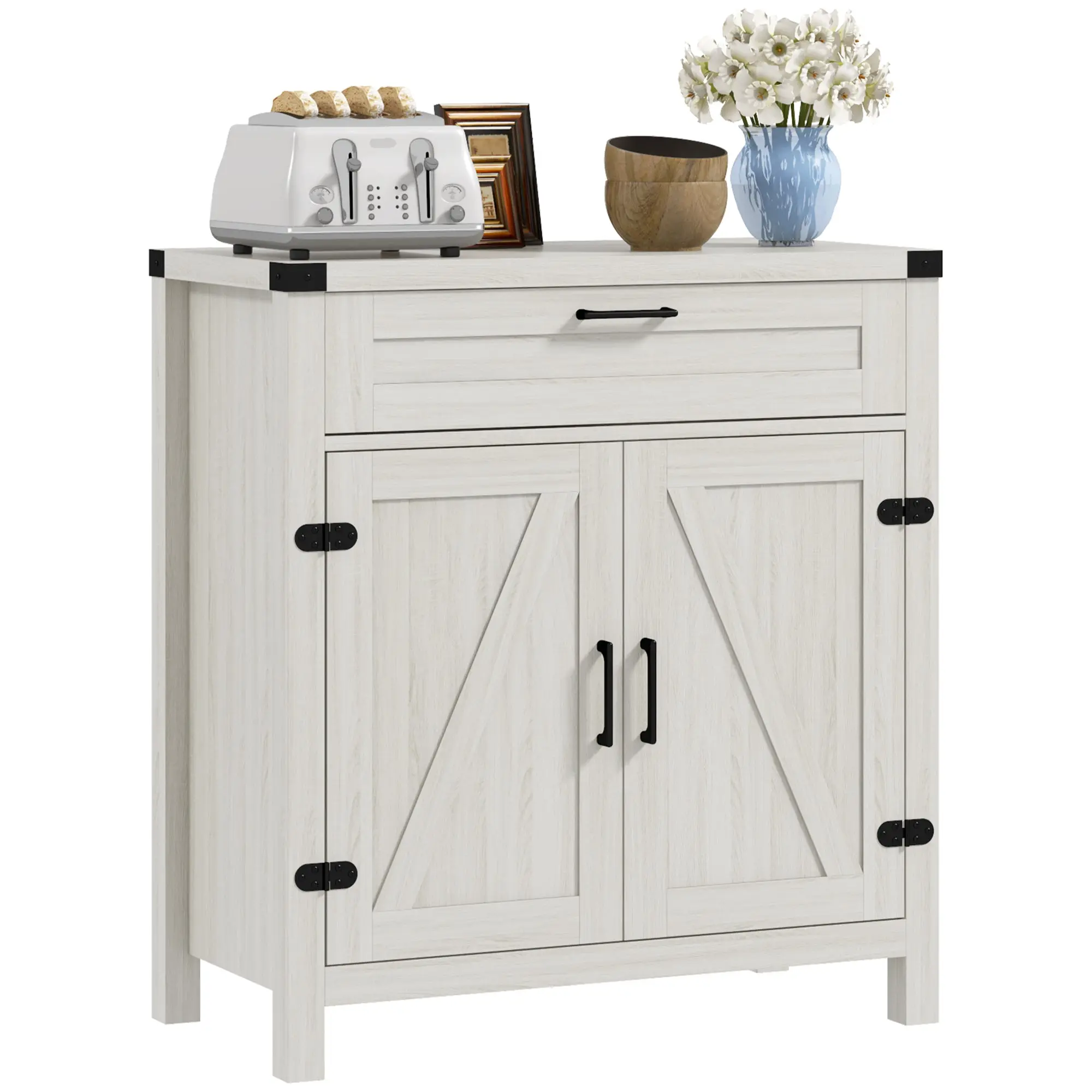 Sideboard with Storage, Buffet Cabinet, 2 Barn Doors & Drawer for Dining Room, White Oak
