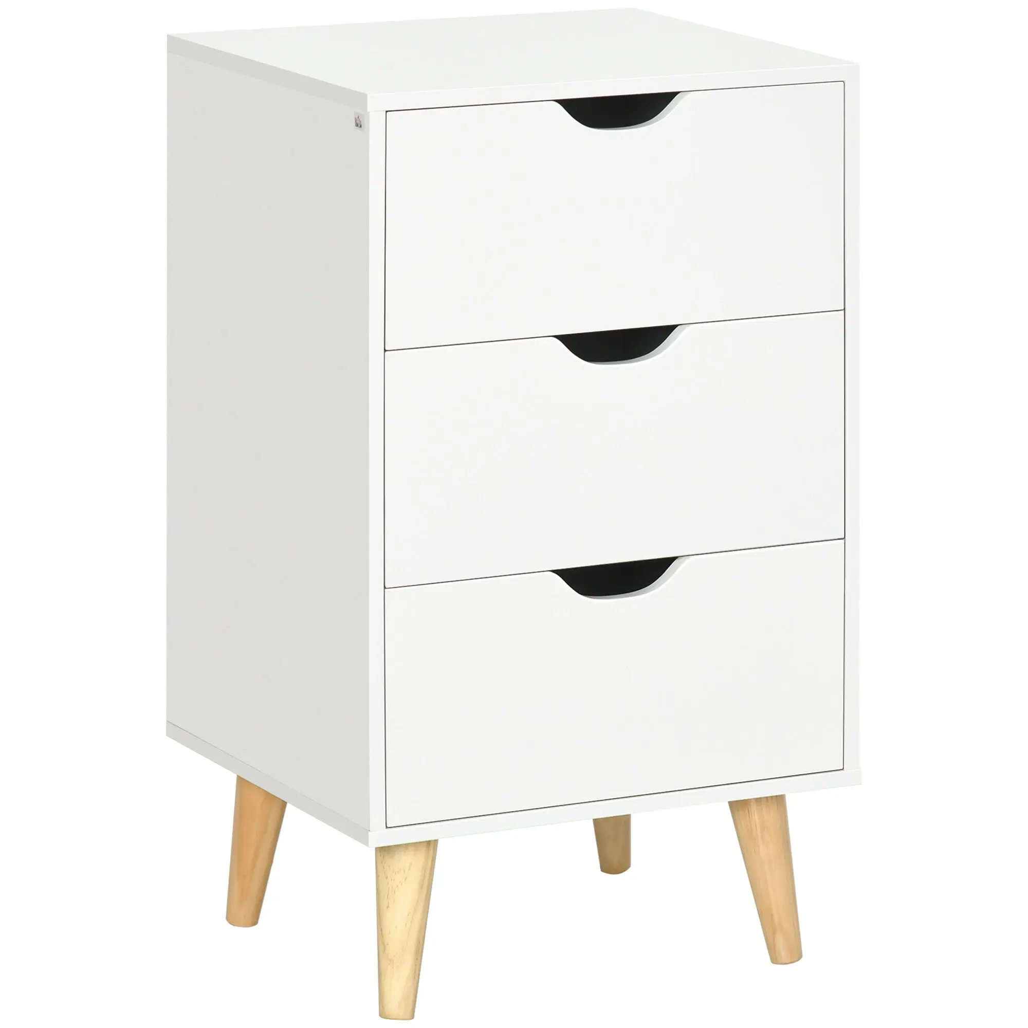 Nightstand with 3 Drawers, Side Table with Wood Legs and Cut-out Handles for Bedroom, White