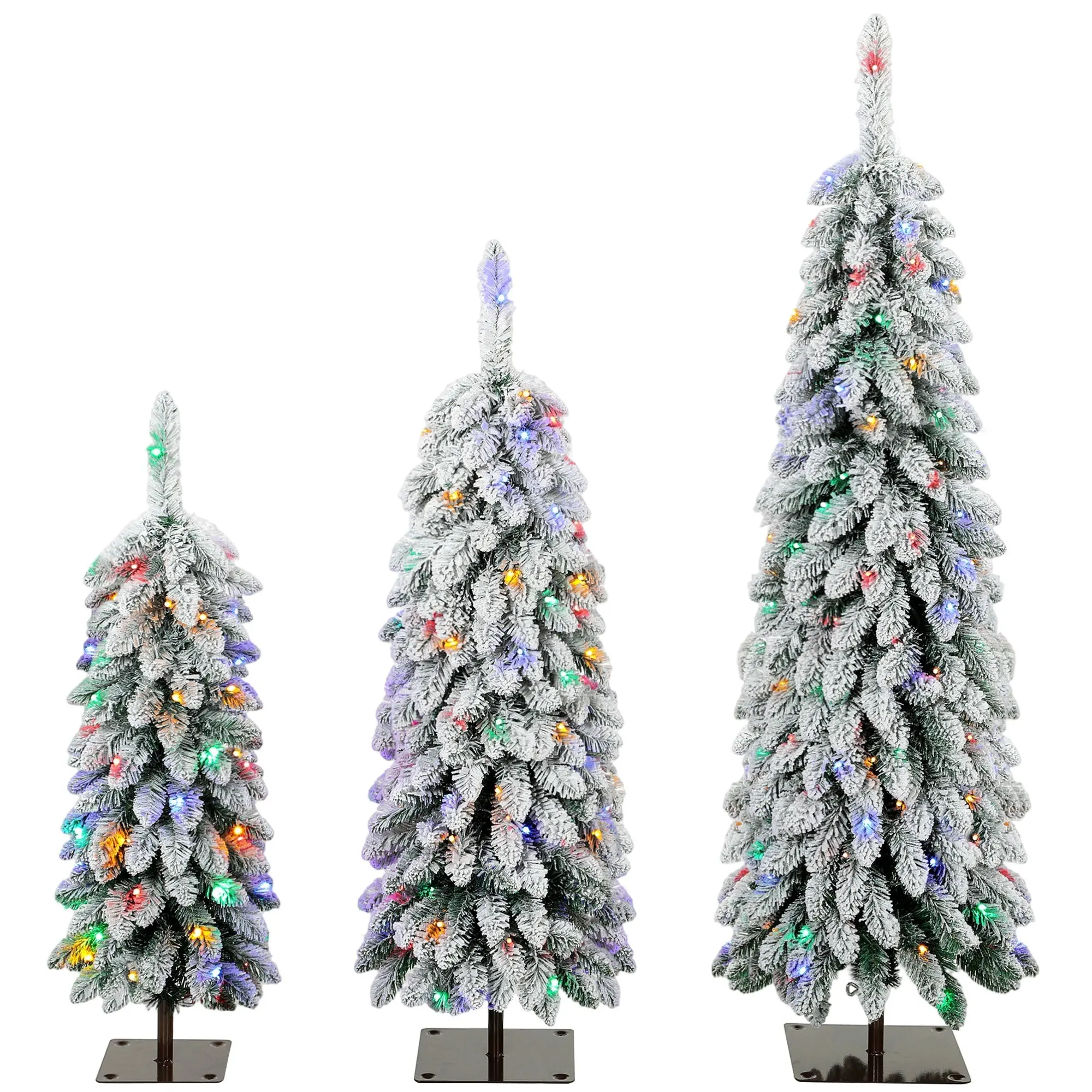 Pre-Lit Snowy Artificial Xmas Tree Set of 3 with LED, 90/120/150cm Green White