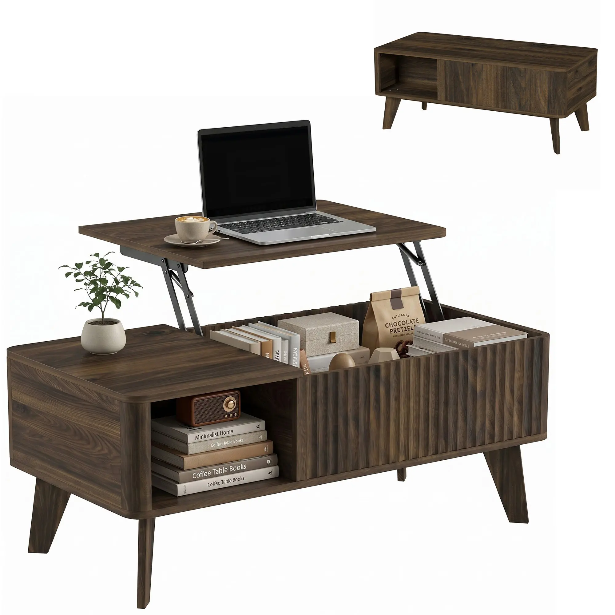 40" Fluted Lift-Top Coffee Table with Hidden Compartment, Open Shelf, Walnut