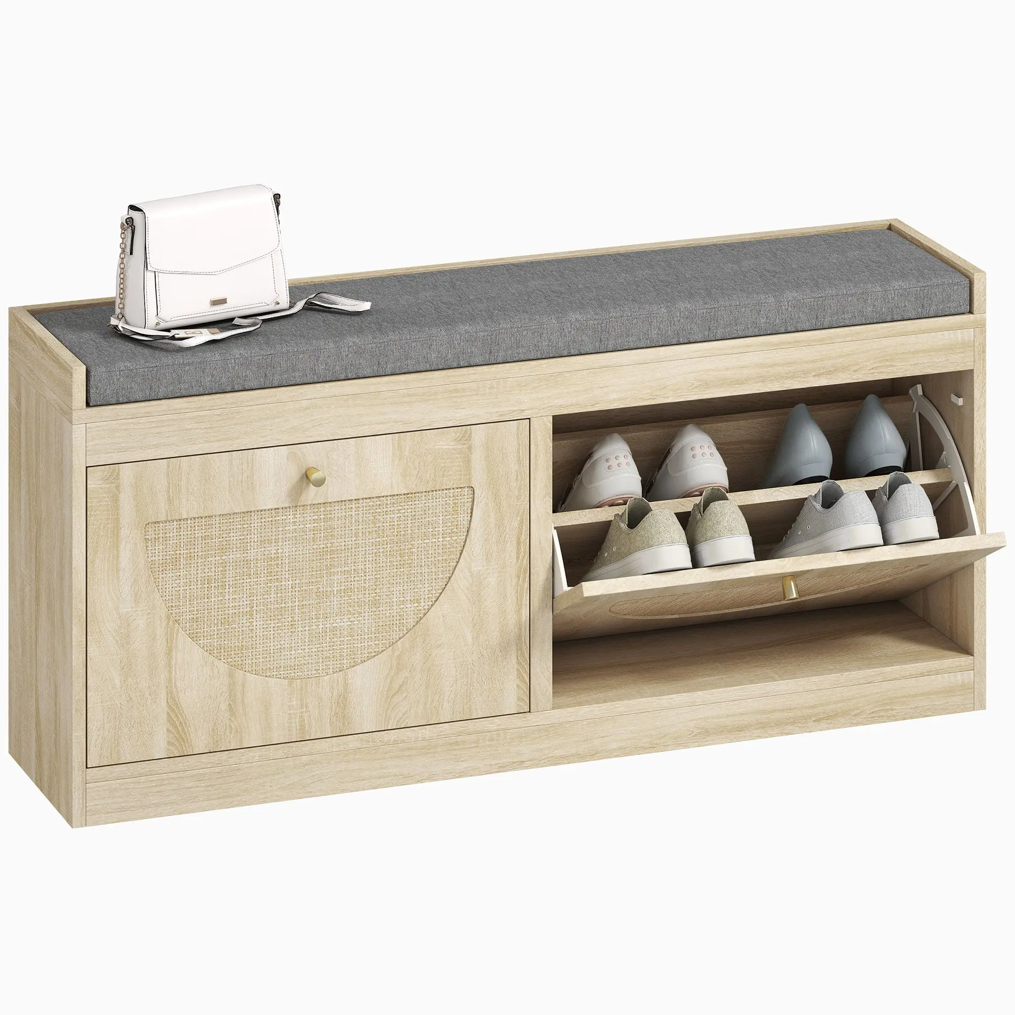 Shoe Storage Bench with Flip Rattan Doors & Removable Seat Cushion for 8 Pairs, Natural Wood