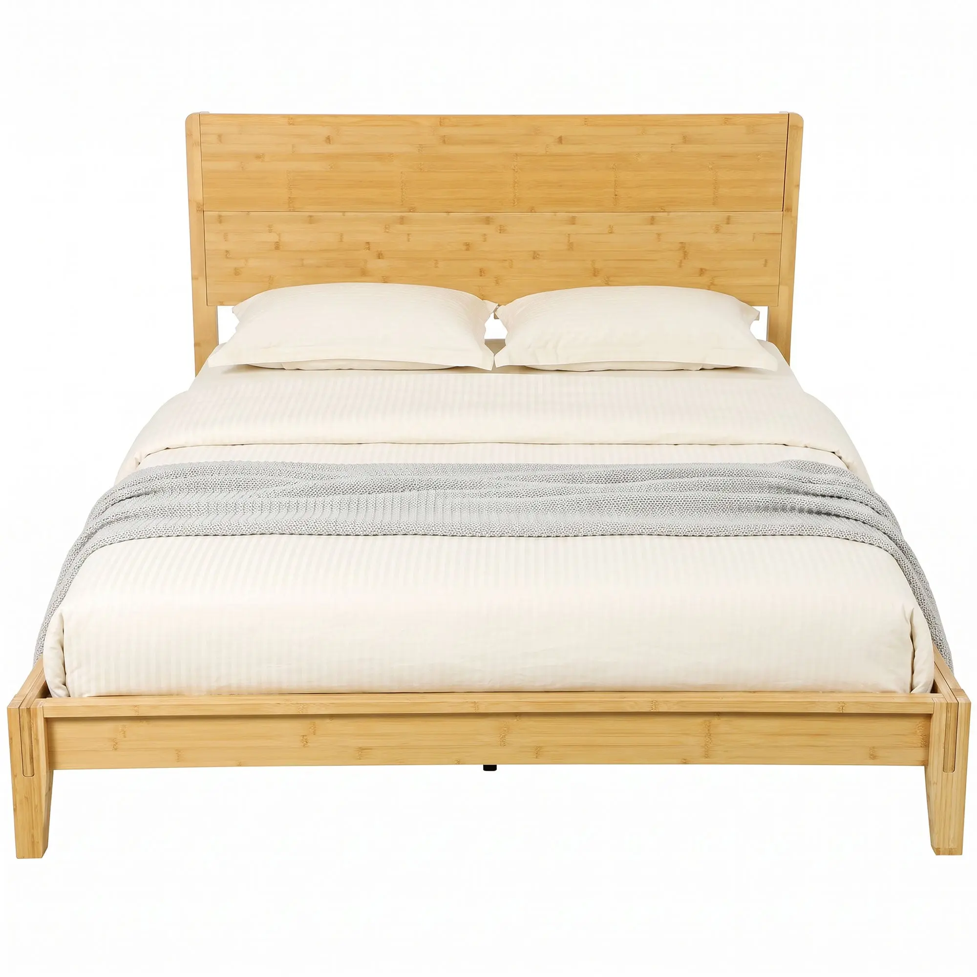 Queen Bamboo Platform Bed with Headboard, 12 Poplar Slats, No Box Spring, Natural