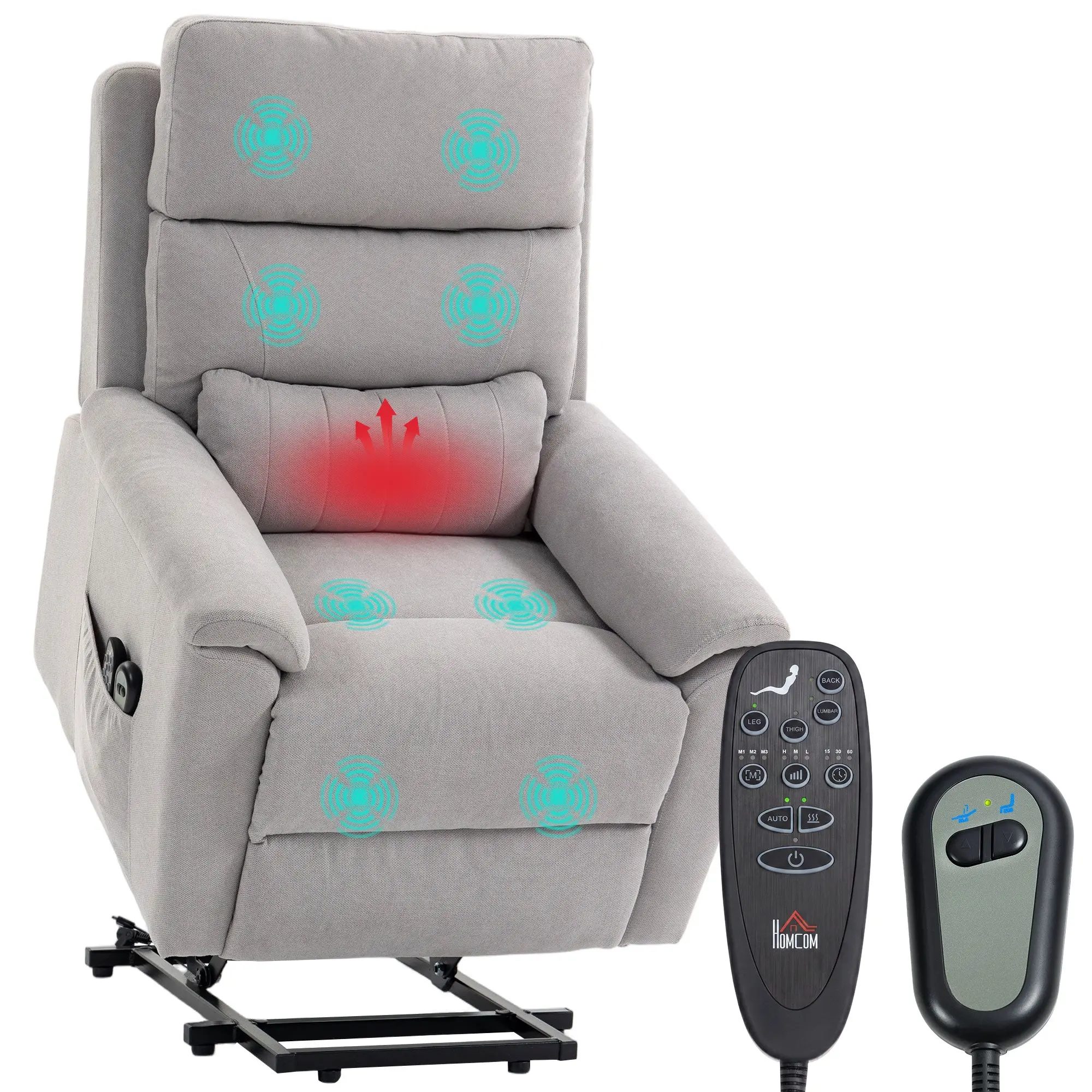 Power Lift Recliner Chair with Vibration Massage & Heat, High Back Terry Cloth Design with Spring Cushion and Remote Control, Light Grey