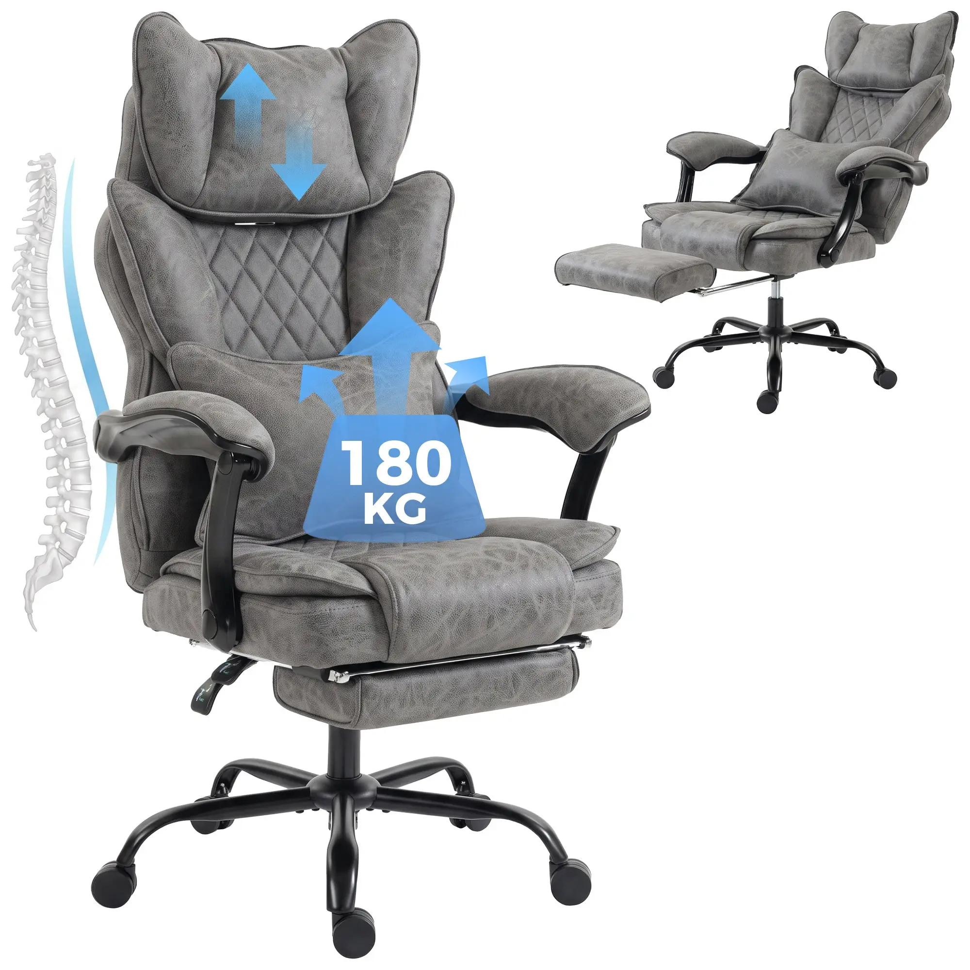 Big and Tall Office Chair 180kg with Headrest, Lumbar Support & Footrest, Grey