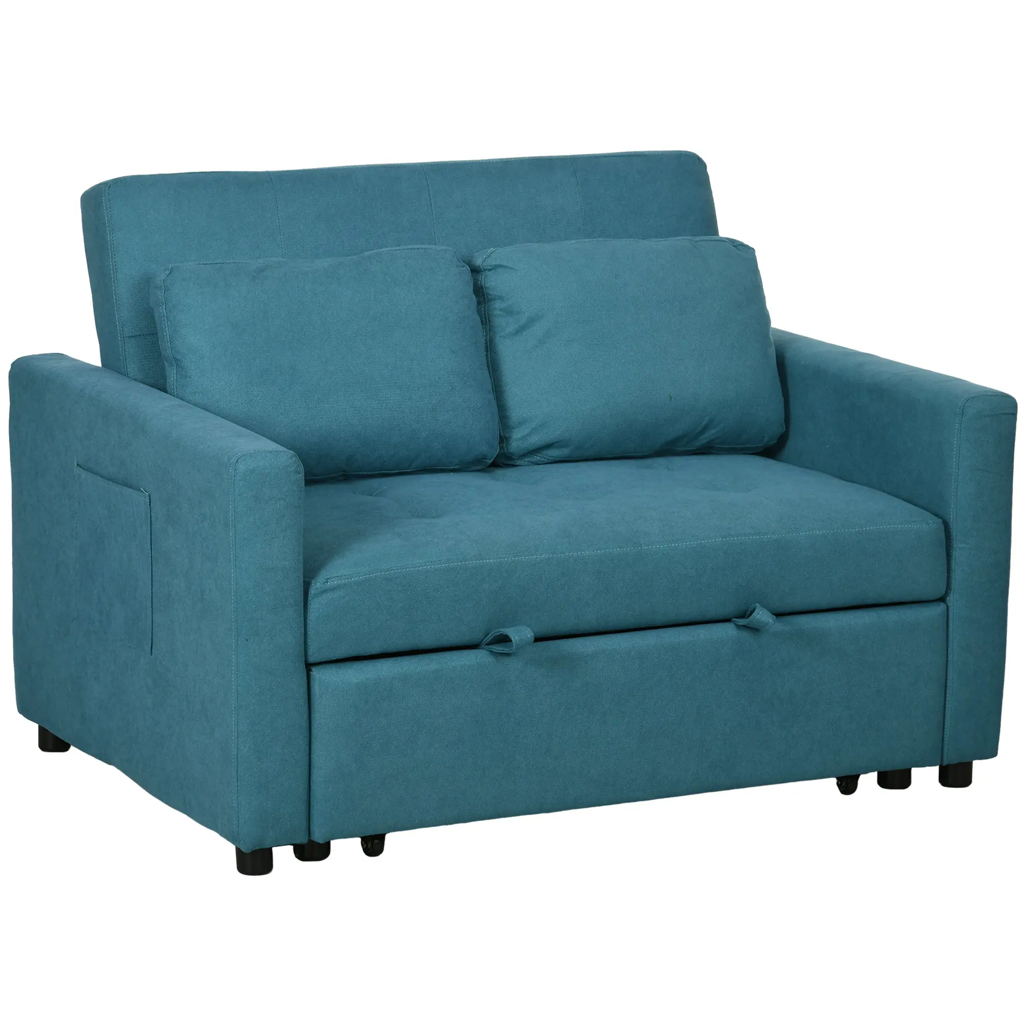 Loveseat Sofa Bed in Modern Fabric with Cushions and Side Pockets, Blue