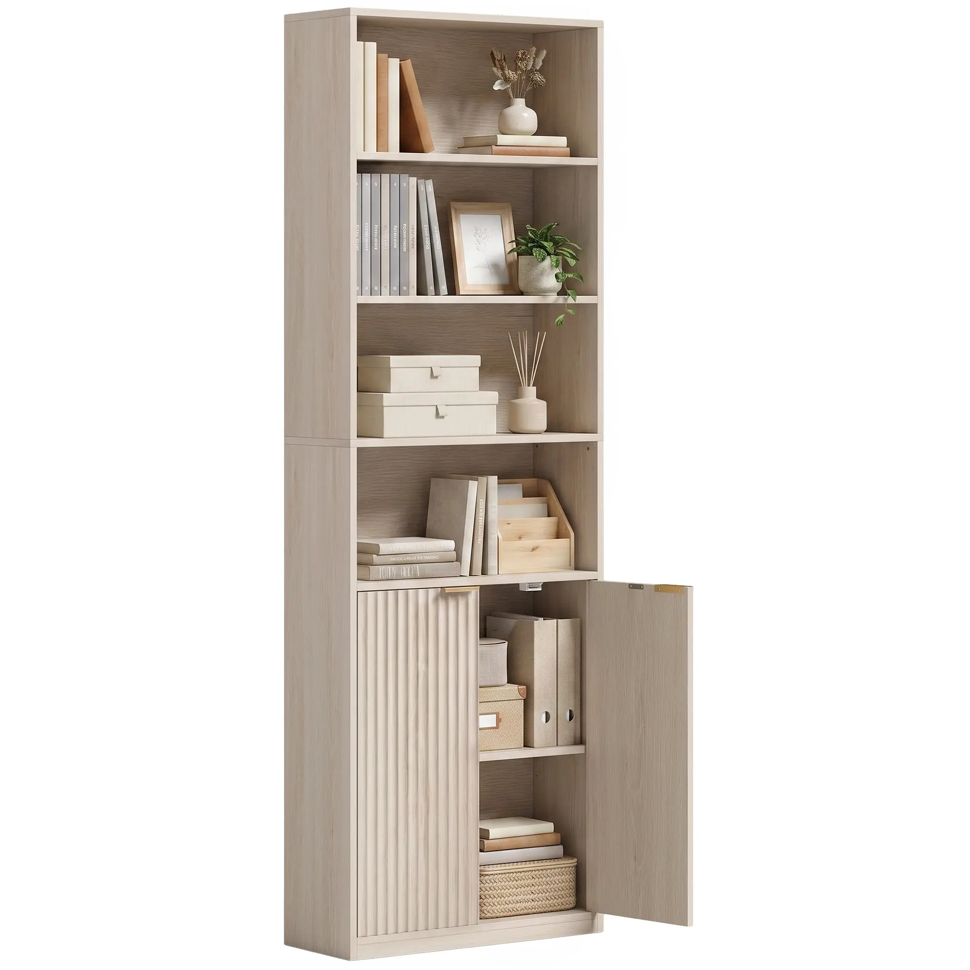 Slim 6-Tier Bookcase with Cabinet, Adjustable Shelf 60 x 24 x 182 cm Oak Effect