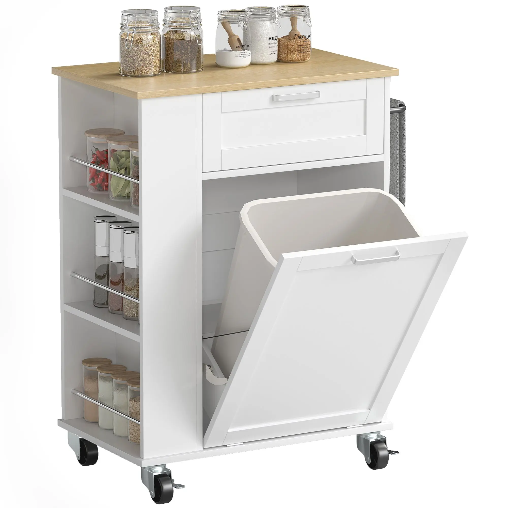 Rolling Kitchen Island with Tilt-Out Rubbish Bin, 2 Drawers & Towel Rail, White