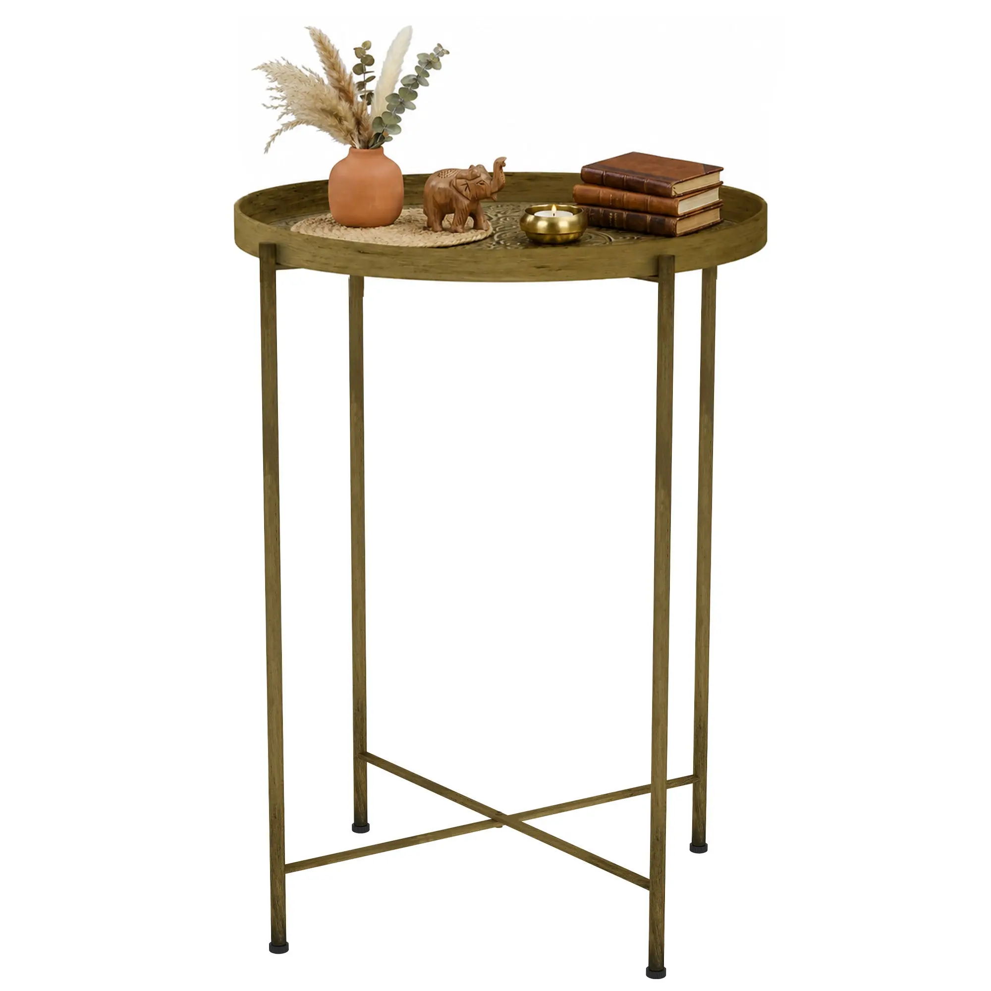 18" Round Coffee Table with Hammered Tray Top and Vintage Metal Frame in Gold
