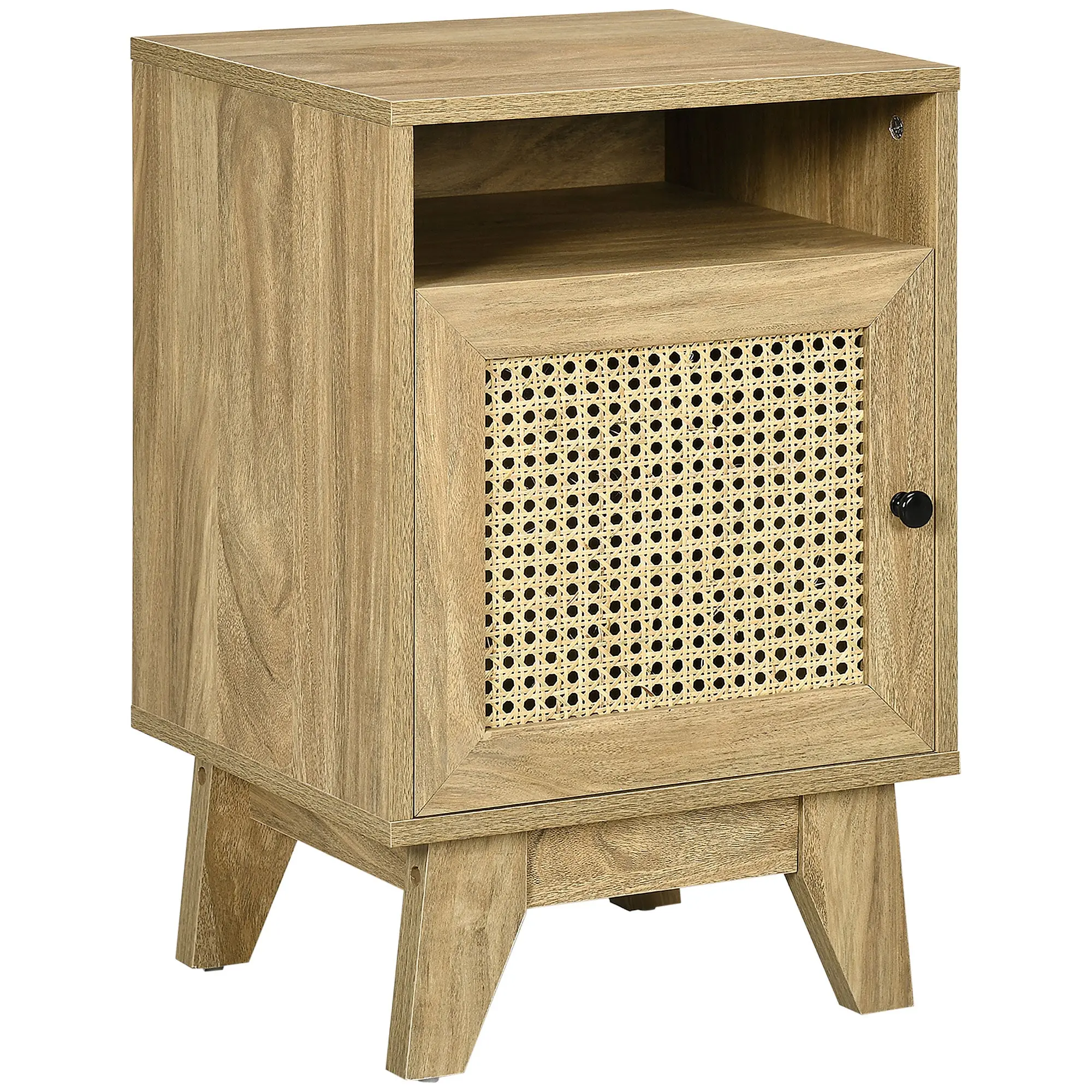 Bedside Table with Storage Shelf and Door Cupboard, Rattan Element, Natural
