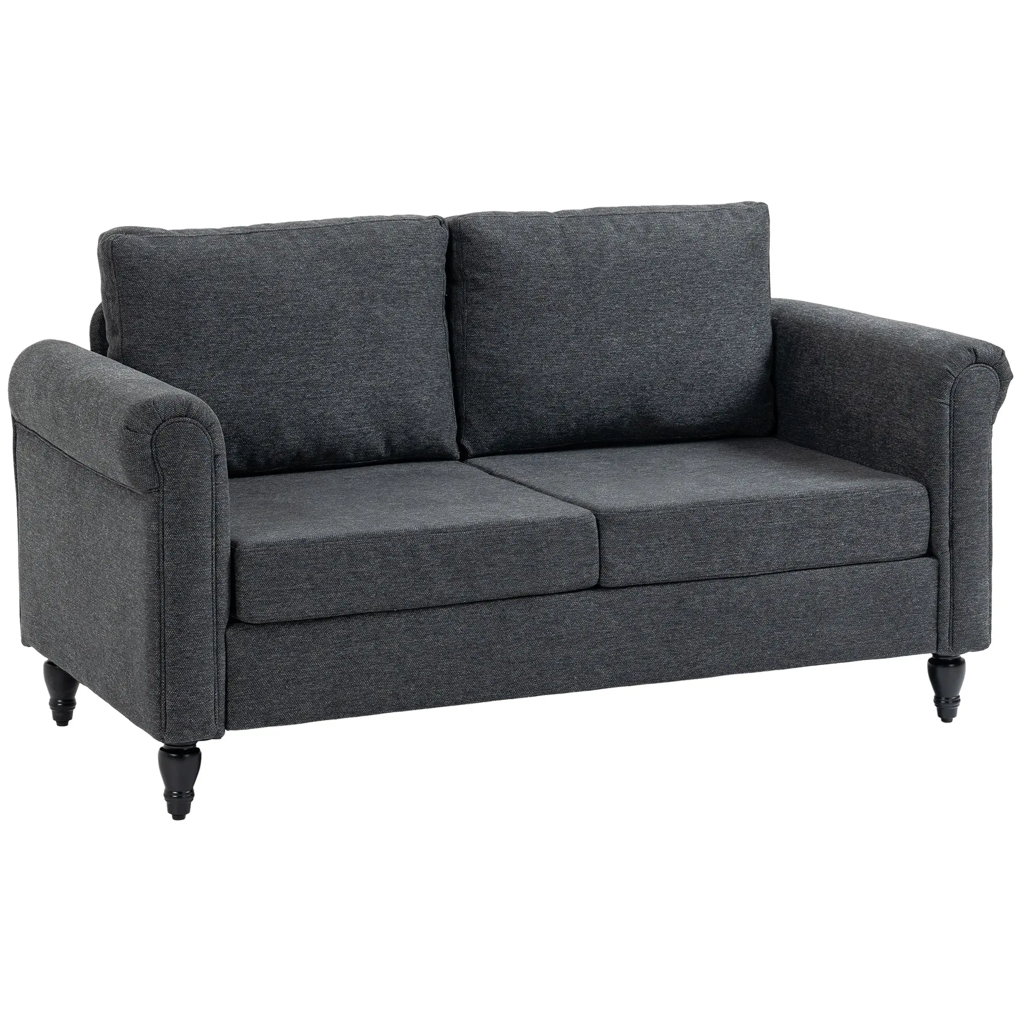 Vintage Chenille Loveseat with Rolled Arms Rubber Wood Legs, Dark Grey