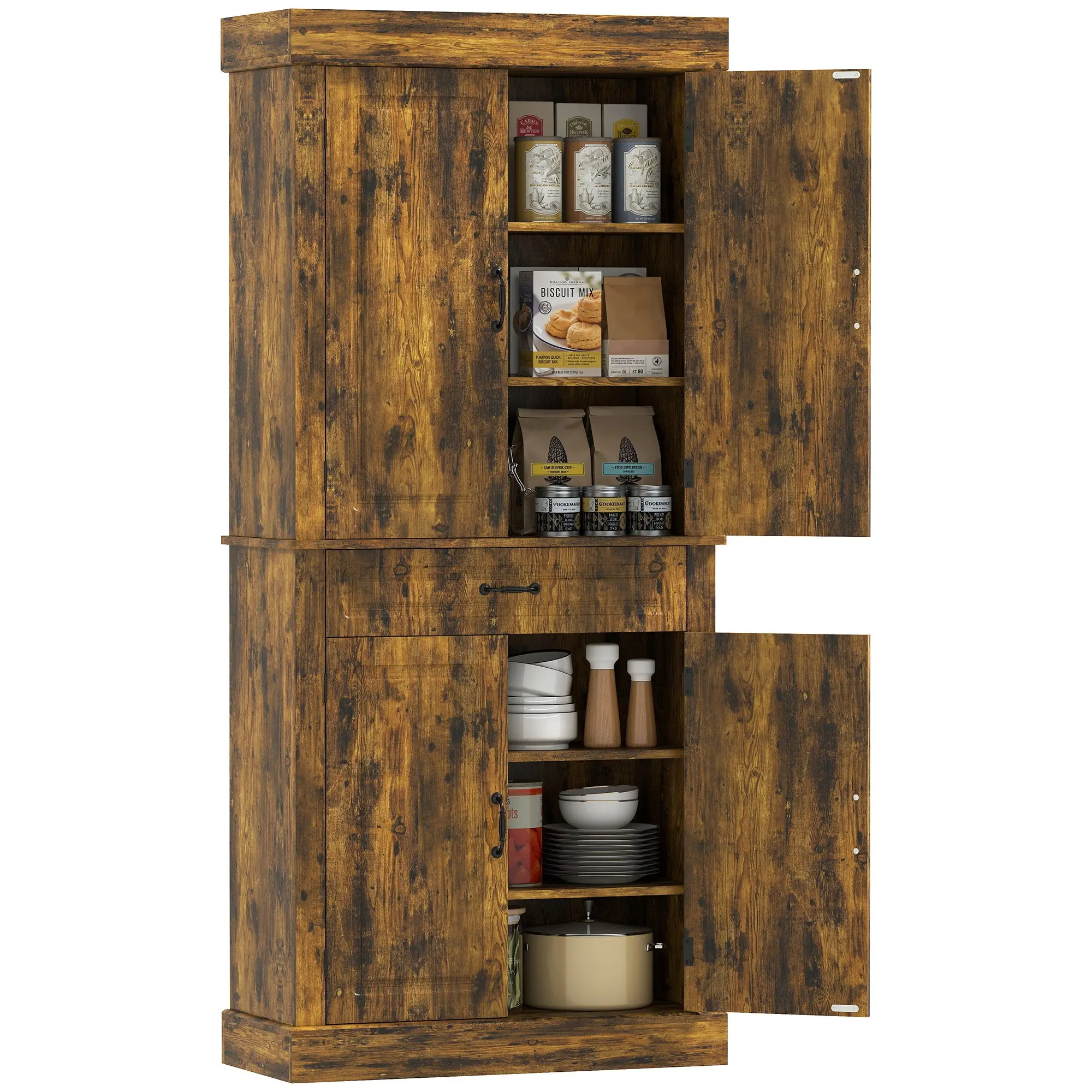 Kitchen Cupboard with 4 Doors, Freestanding Storage Cabinet with Wide Drawer and Shelves for Living Room, 180cm,Brown