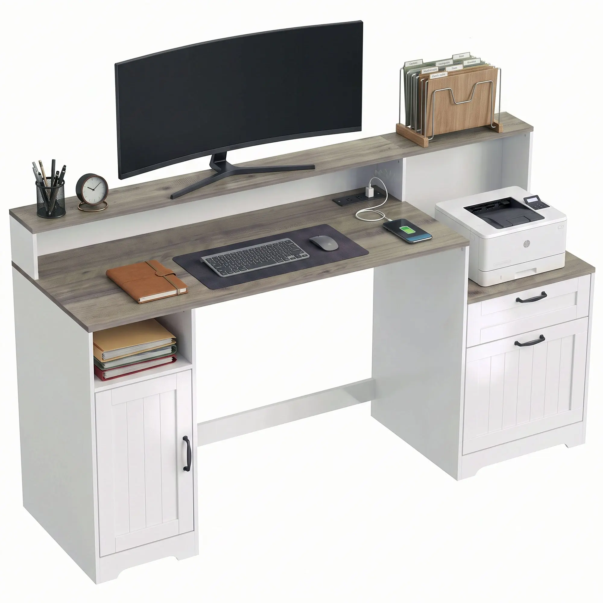 65" Farmhouse Office Desk with Drawers, Power Outlets & Storage Cabinet