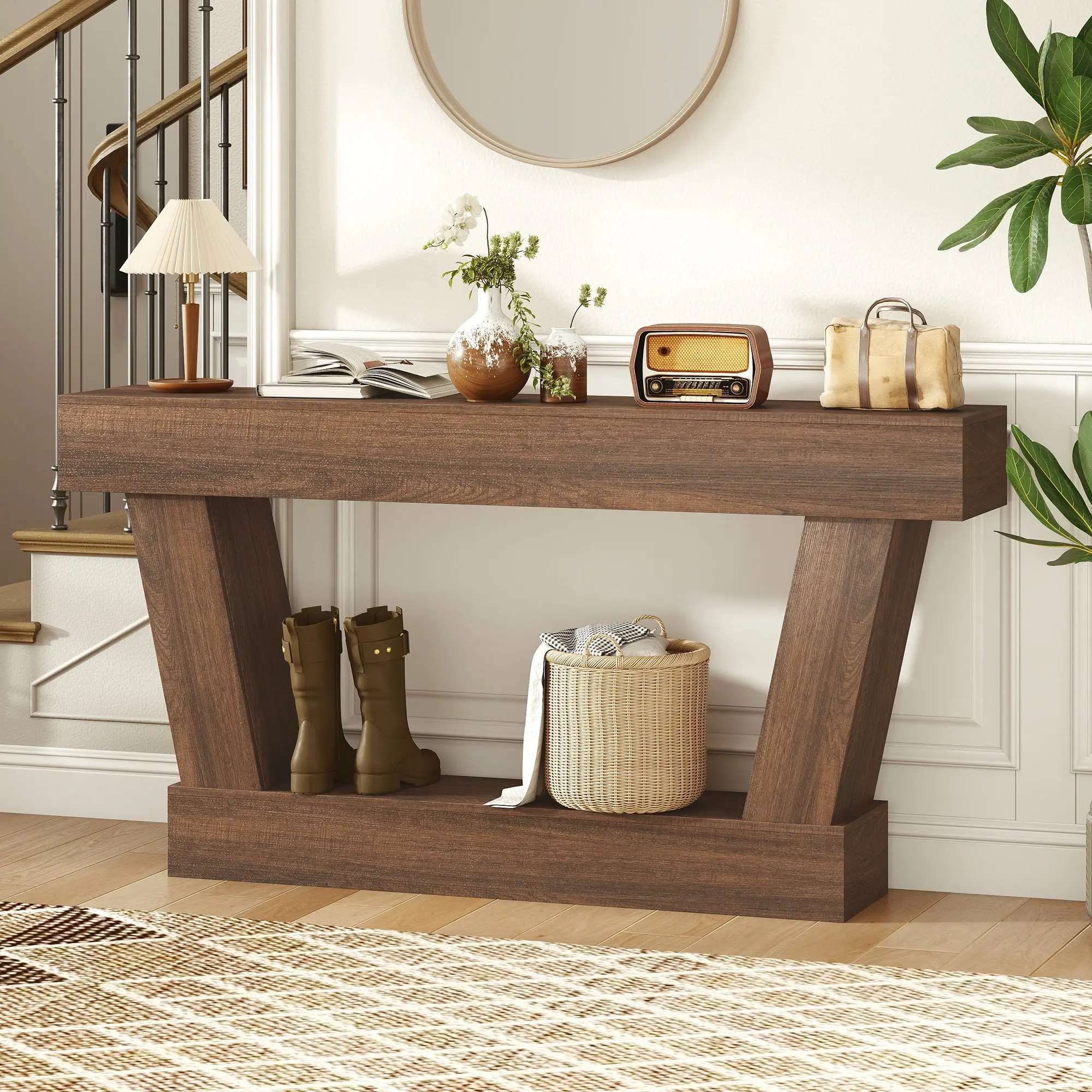 63" Vintage Console Table with Open Shelf for Entryway or Behind Sofa, Brown