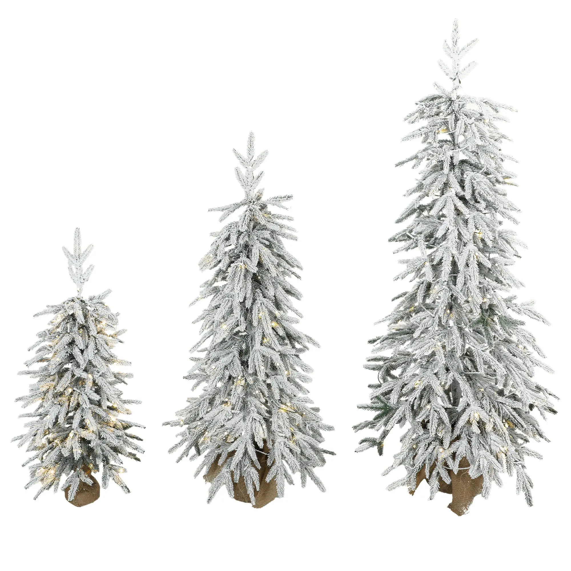 Prelit flocked slim Christmas tree set 3FT+4FT+5FT snowy with warm white LEDs