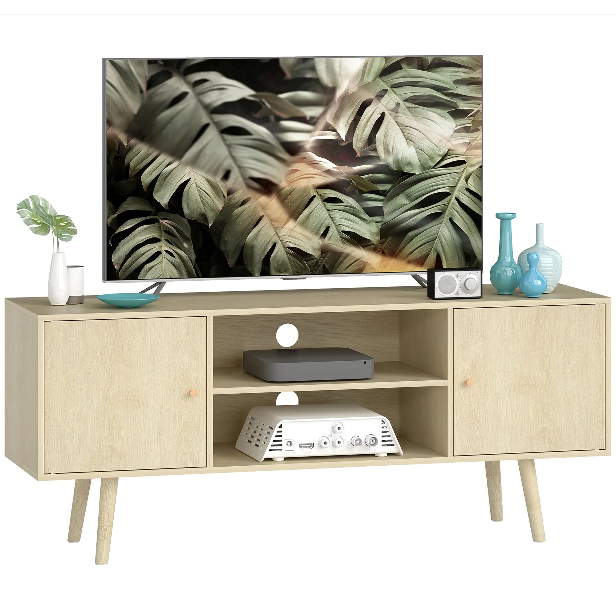 TV Stand for TVs up to 55" with Storage Shelves & Wood Legs, Natural Wood