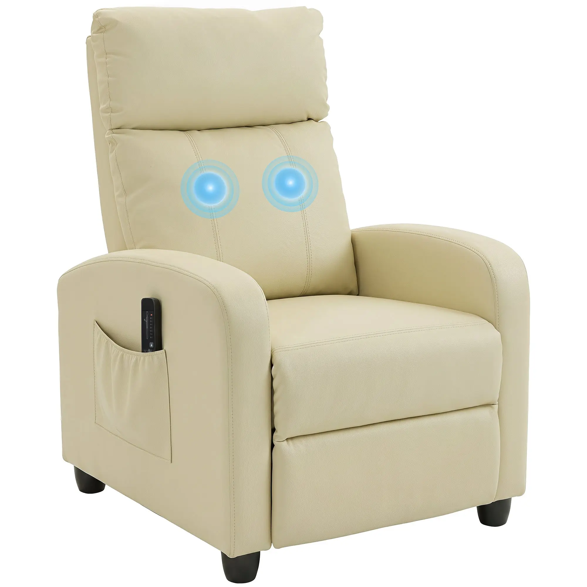 Push-Back Massage Recliner with Adjustable Footrest & Side Pocket, Cream White