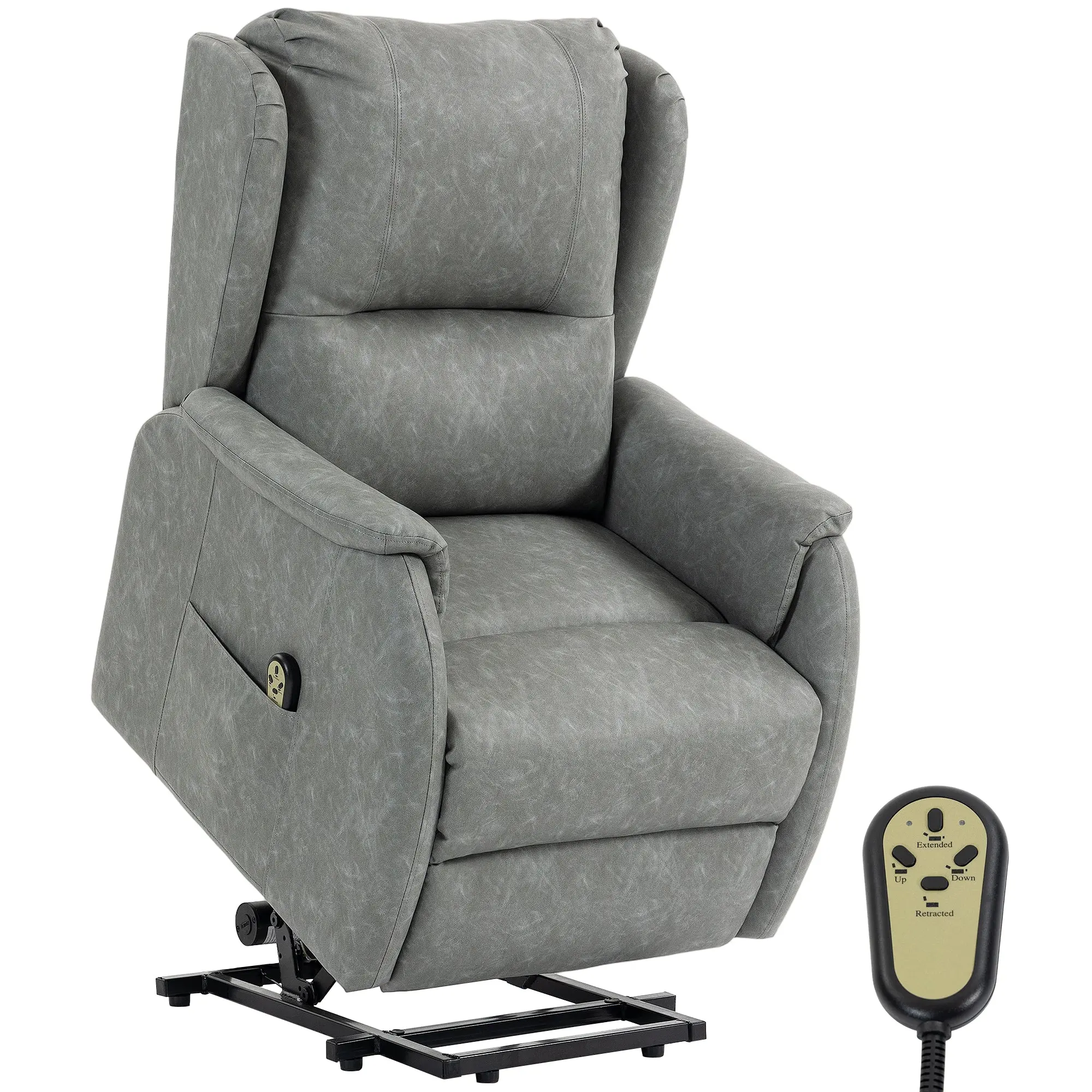 Dual Motor Power Lift Recliner Chair with Remote Control, Side Pockets & Faux Leather, Grey