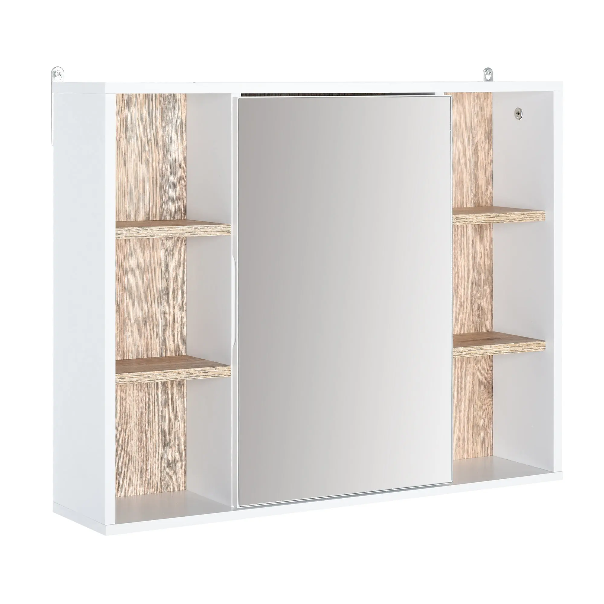 Bathroom Wall Hunging Medicine Cabinet with Storage Cupboard & Open Shelf, White & Oak