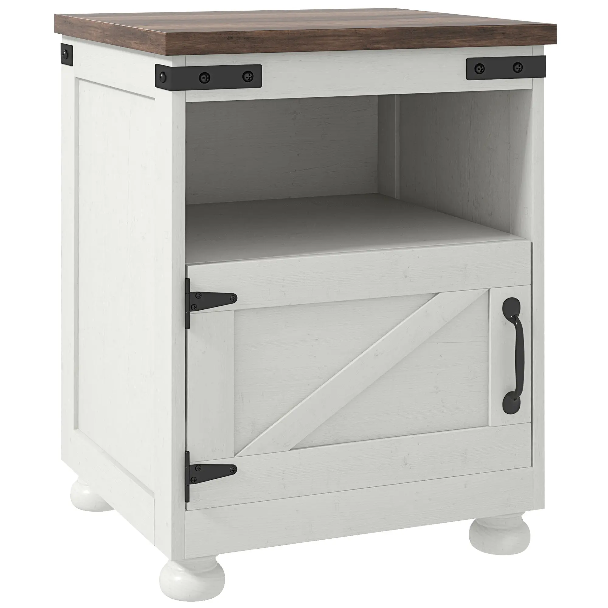 Side Table with Storage, End Table with Open Shelf, Cupboard and Wood Legs, White