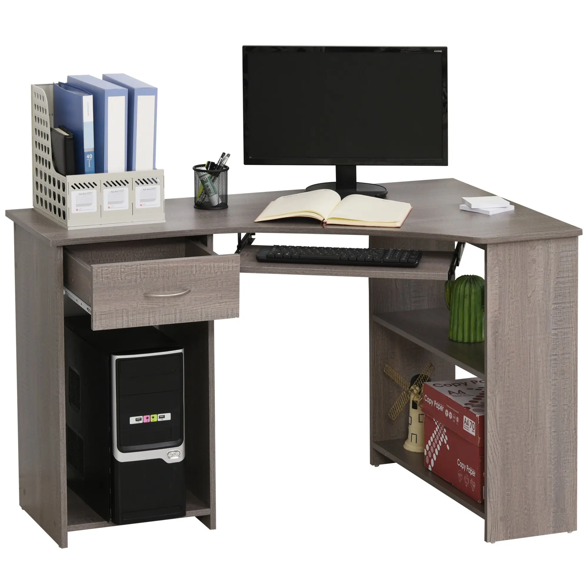 L-Shaped Corner Computer Desk w/ 2 Shelves, Wide Worktop, Keyboard Tray & CPU Stand, Grey