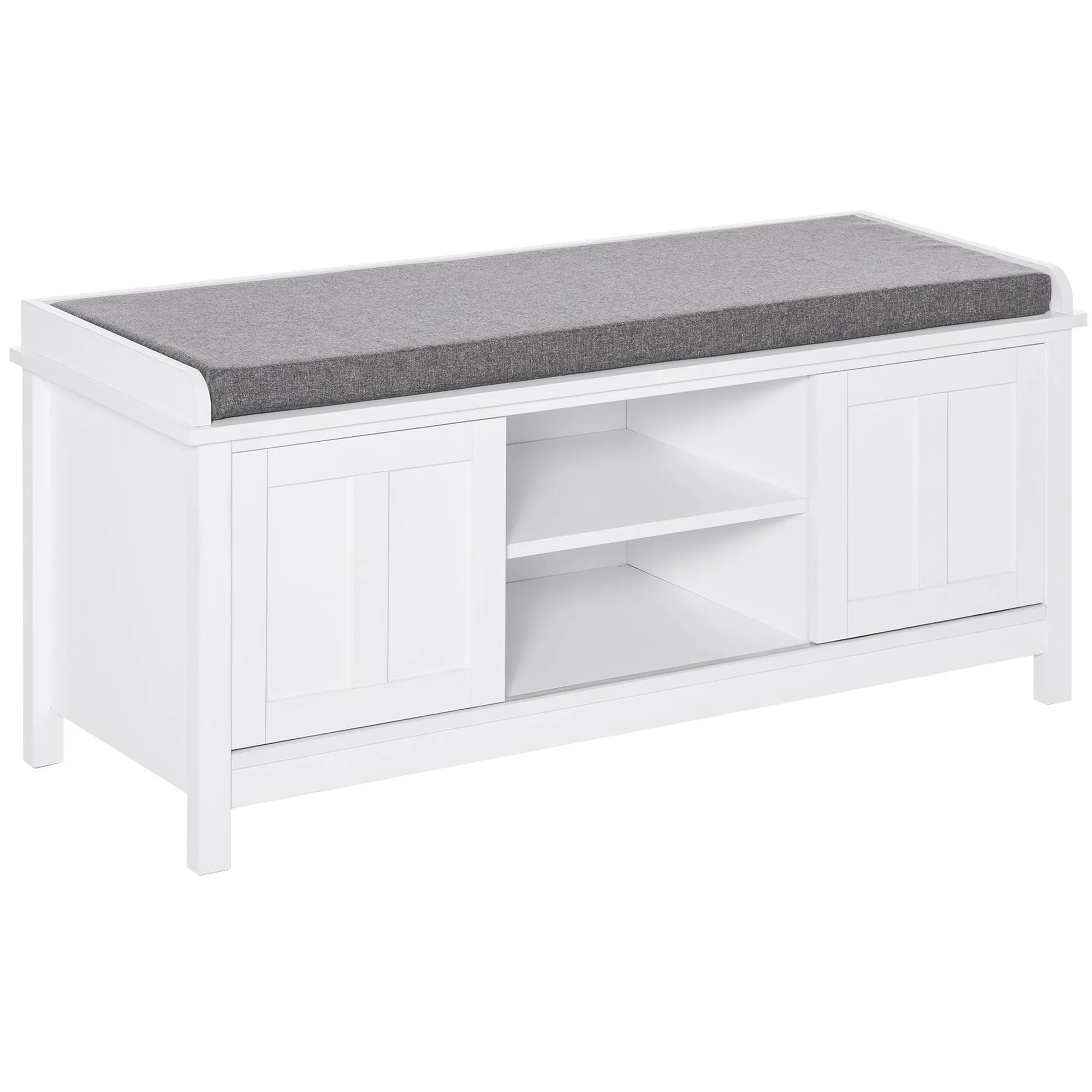 Modern Shoe Storage Bench with Cushion & 2 Sliding Doors, Holds 10 Pairs, White