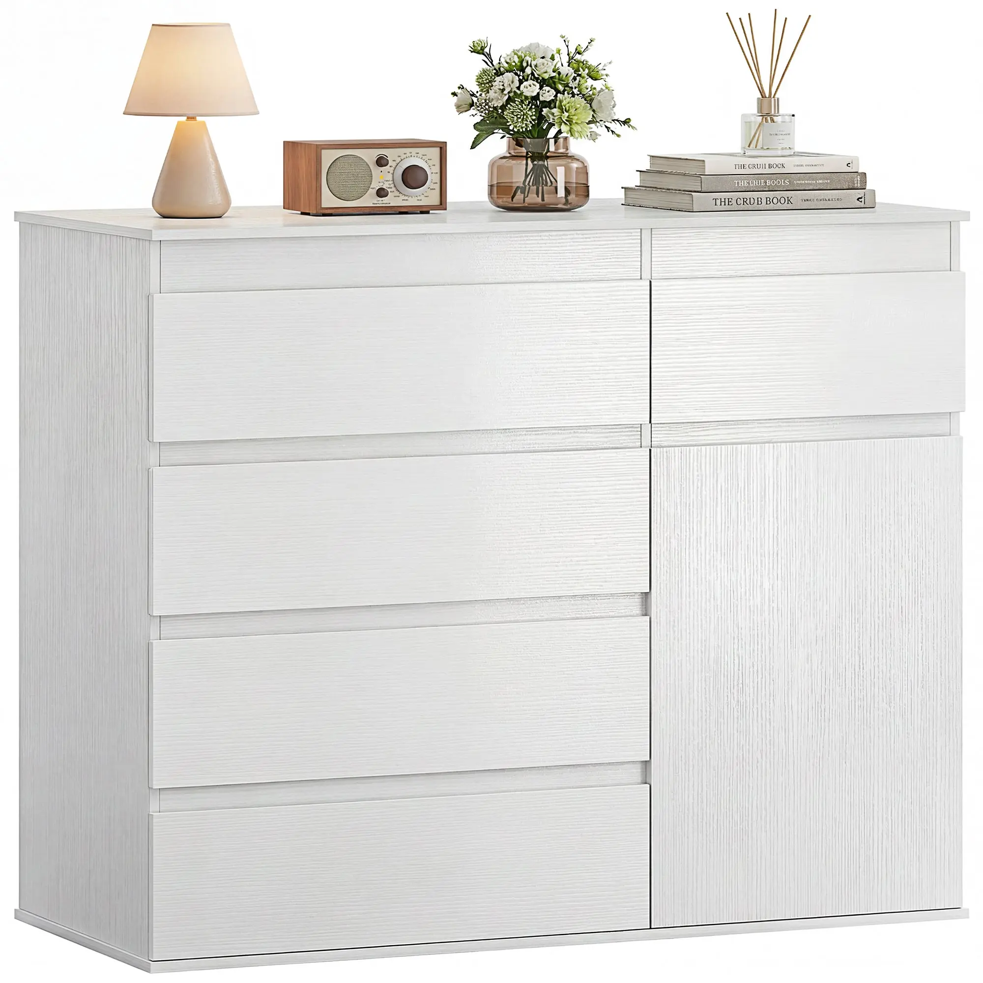 Modern Sideboard Storage Cabinet with 5 Drawers, Adjustable Shelf, Soft-Close Door, Storage Cupboard White