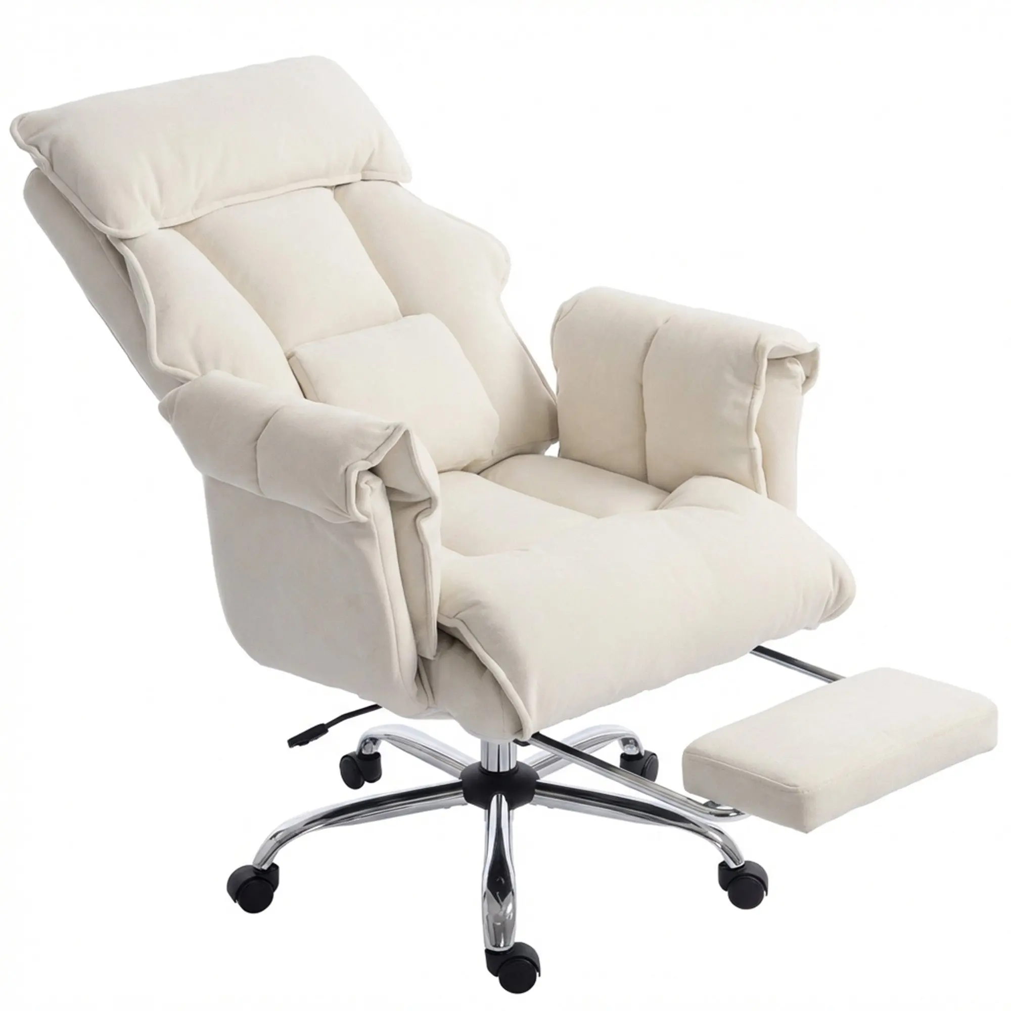 Executive Office Chair with Footrest, Reclining Desk Chair with High Back, Double-layer Padding, Cream White