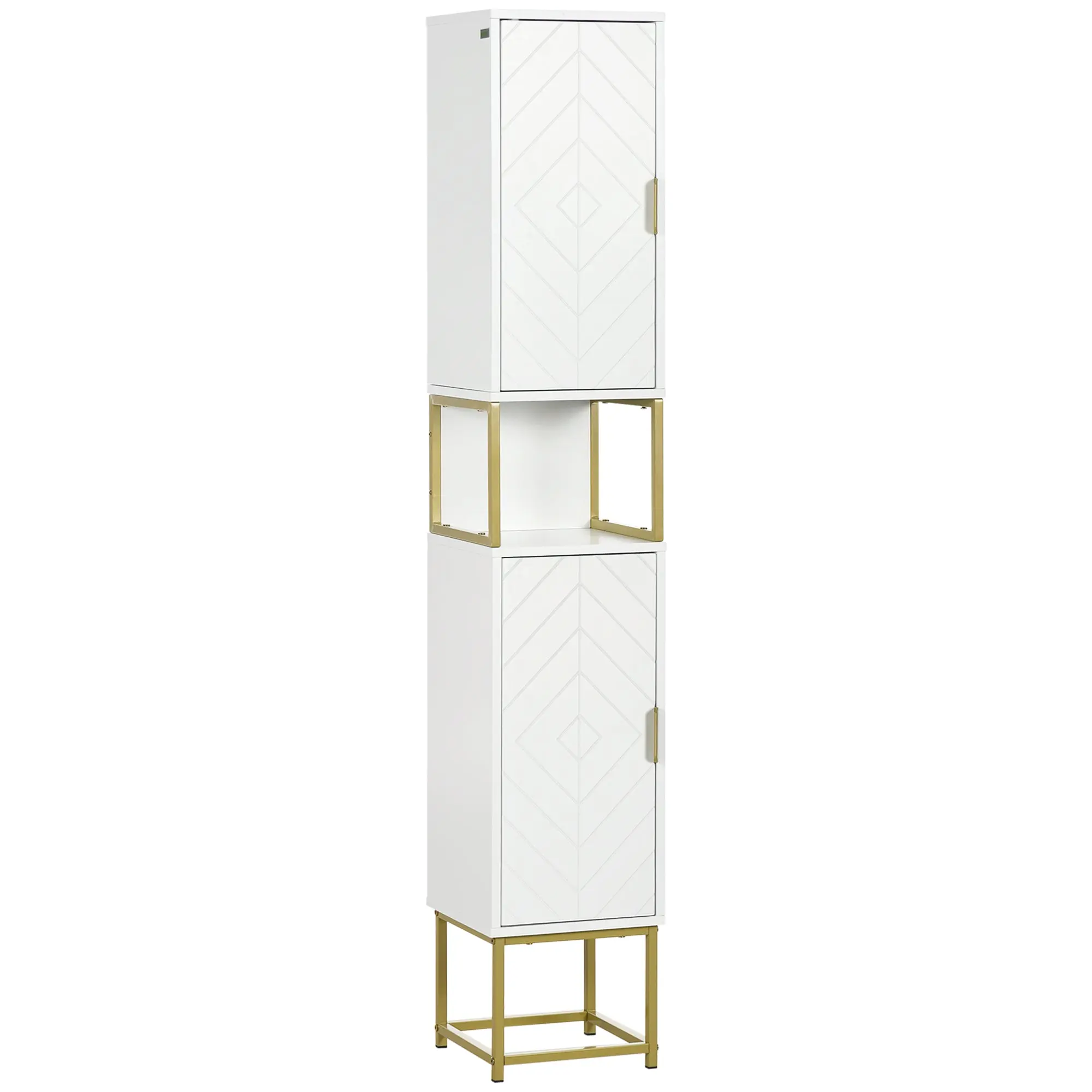 67" Tall Linen Cabinet for the Bathroom with Adjustable Shelf, 2 Doors & Steel Base, White