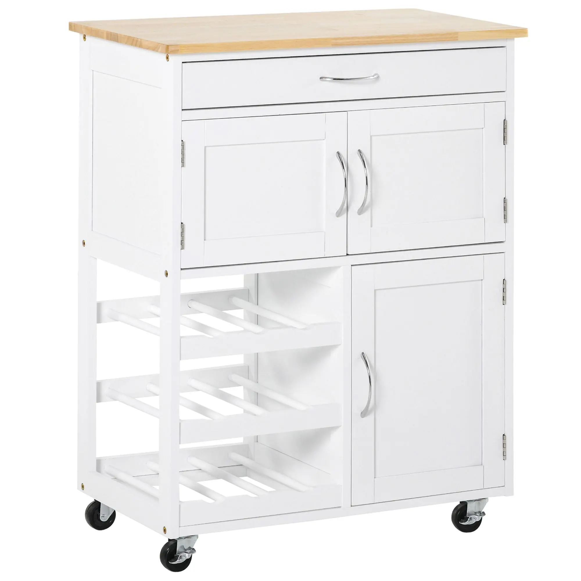 Rolling Kitchen Cart Kitchen Island w/ Drawer, 9 bottle Wine Rack & Door Cabinets, White