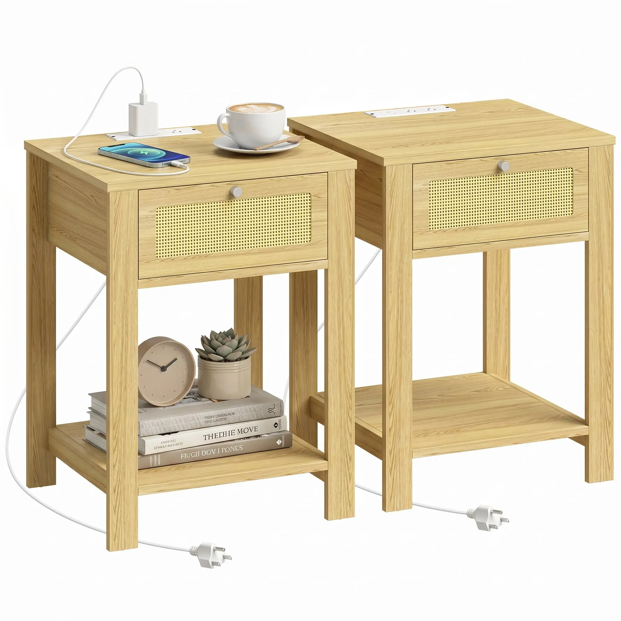 End Table Set of 2 with Charging Station & Drawer, Rattan-Front Open Shelf, Modern Farmhouse Style for Living Room