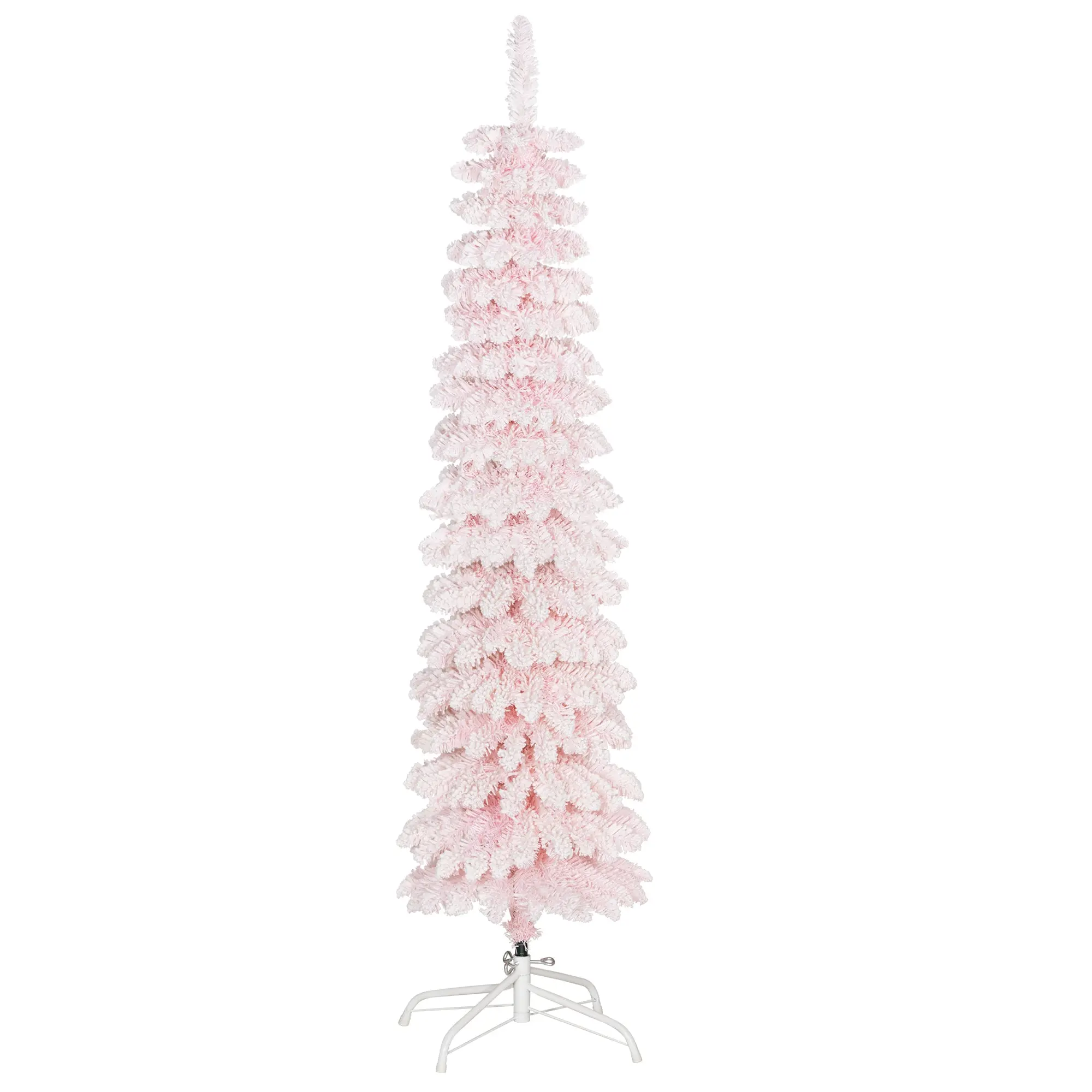 5ft Snow-Flocked Artificial Christmas Tree, Slim Pencil Xmas Tree with Metal Base, Pink