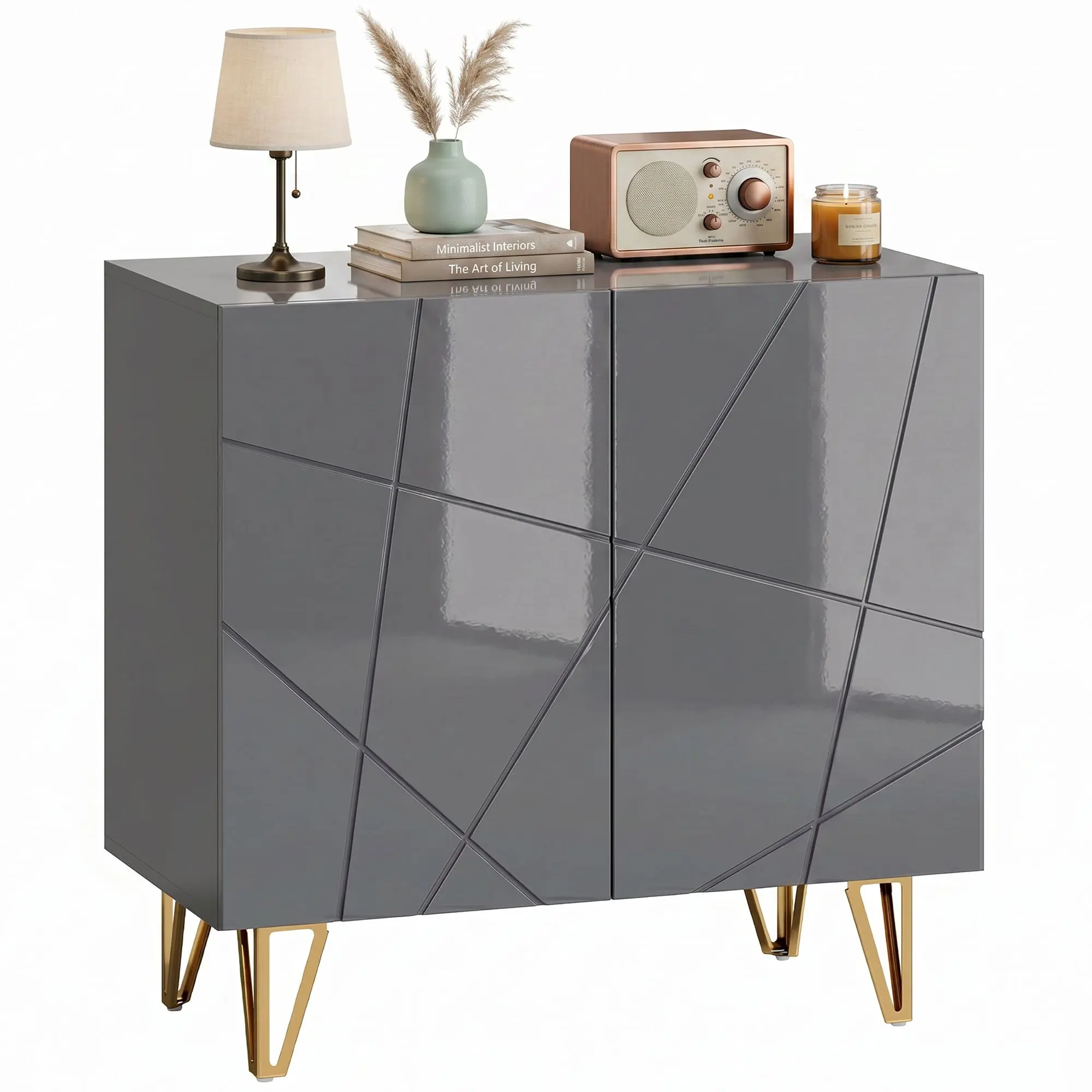 Freestanding High Gloss Sideboard with Adjustable Shelf, Soft-Close Doors & Gold Hairpin Legs, Grey
