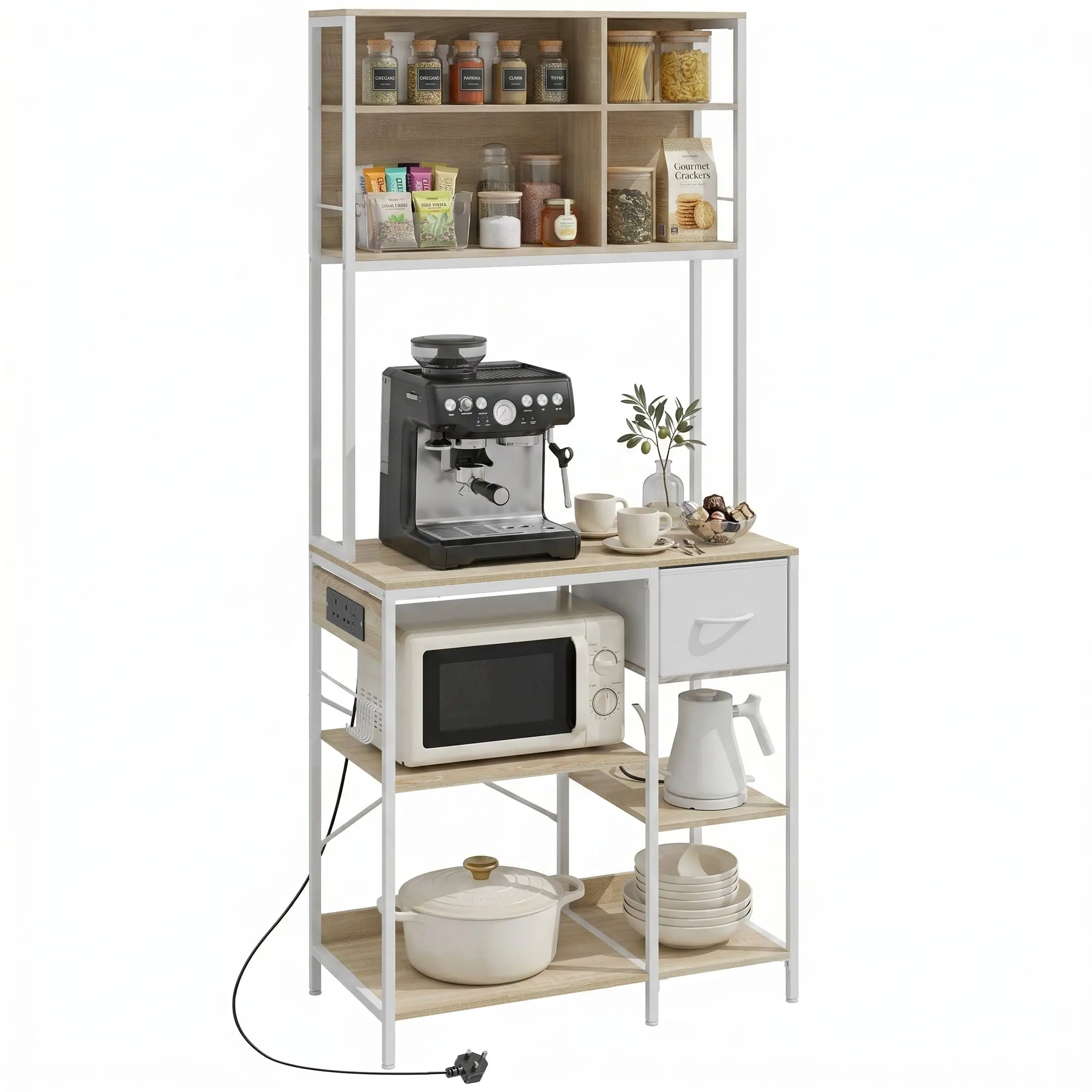Baker's Rack with Microwave Stand & 6 Hooks for Small Kitchens, 80 x 40 x 181 cm, Oak