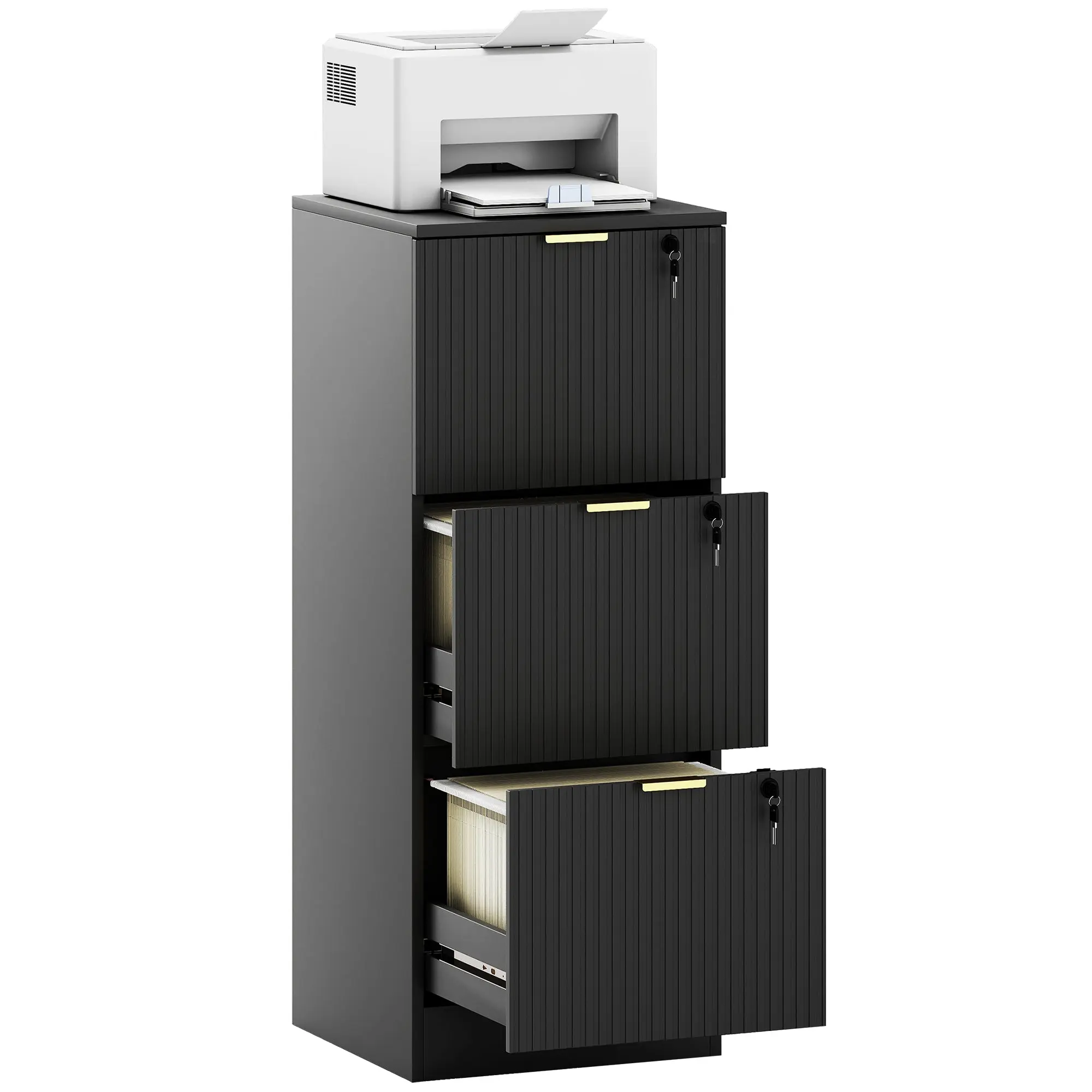 3 Drawer Filing Cabinet, Fluted Vertical File Cabinet with Lock and Adjustable Hanging Rails for A4 and Letter Size Files, Printer Stand with Storage, Black