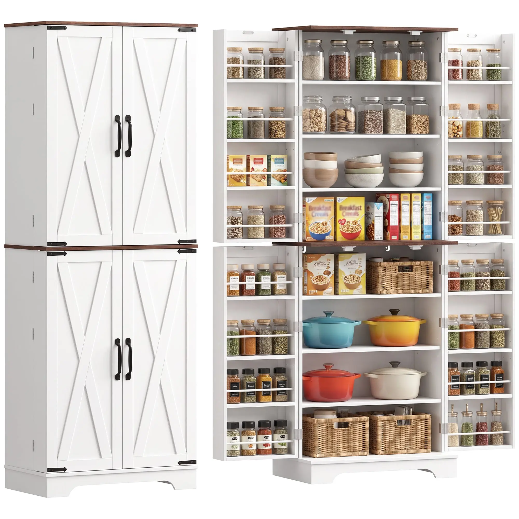 166cm Tall Kitchen Pantry with 8 Shelves, Barn Doors, White & Brown