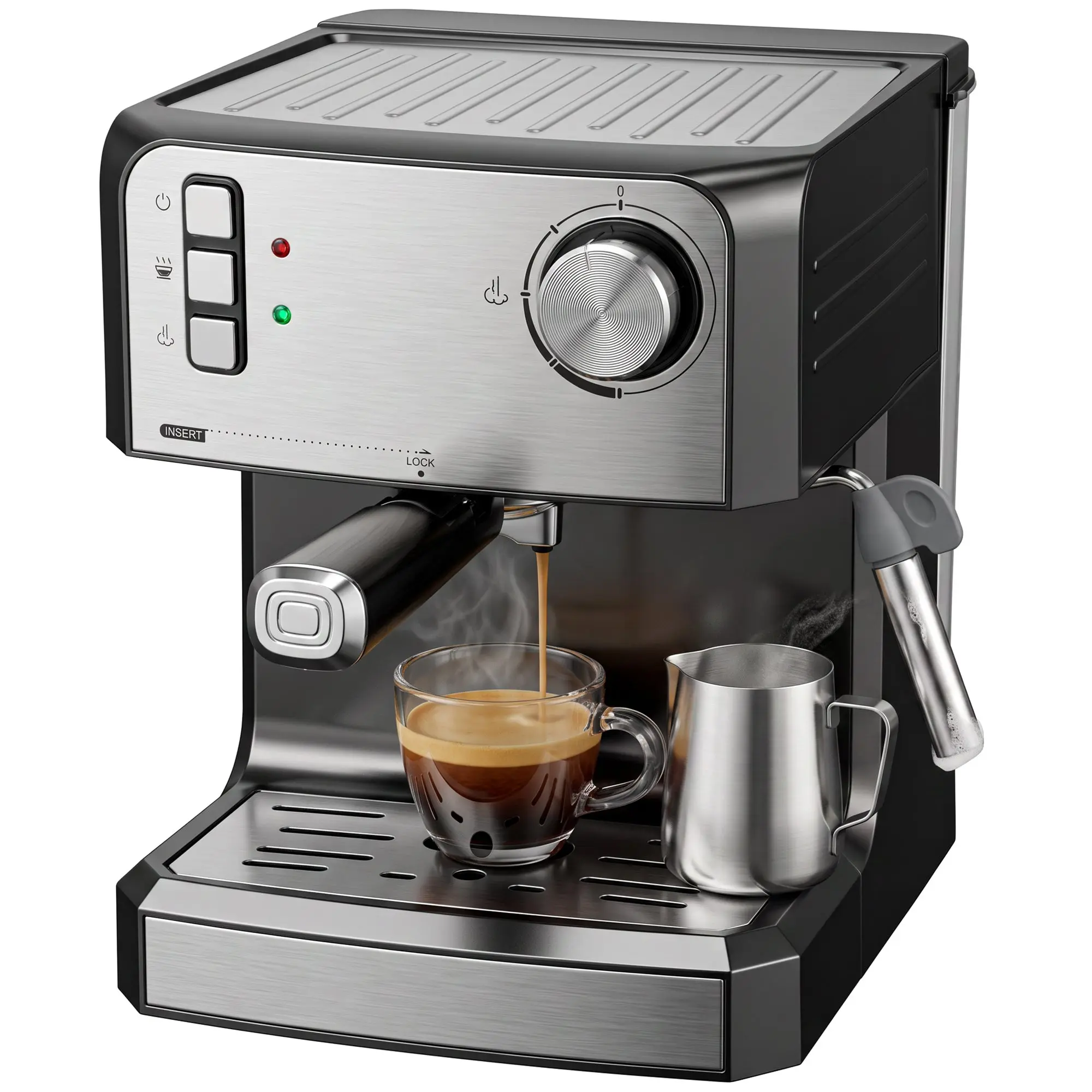 20-Bar Semi-Auto Espresso Machine with Milk Frother, 1.6 L Tank, Black & Silver
