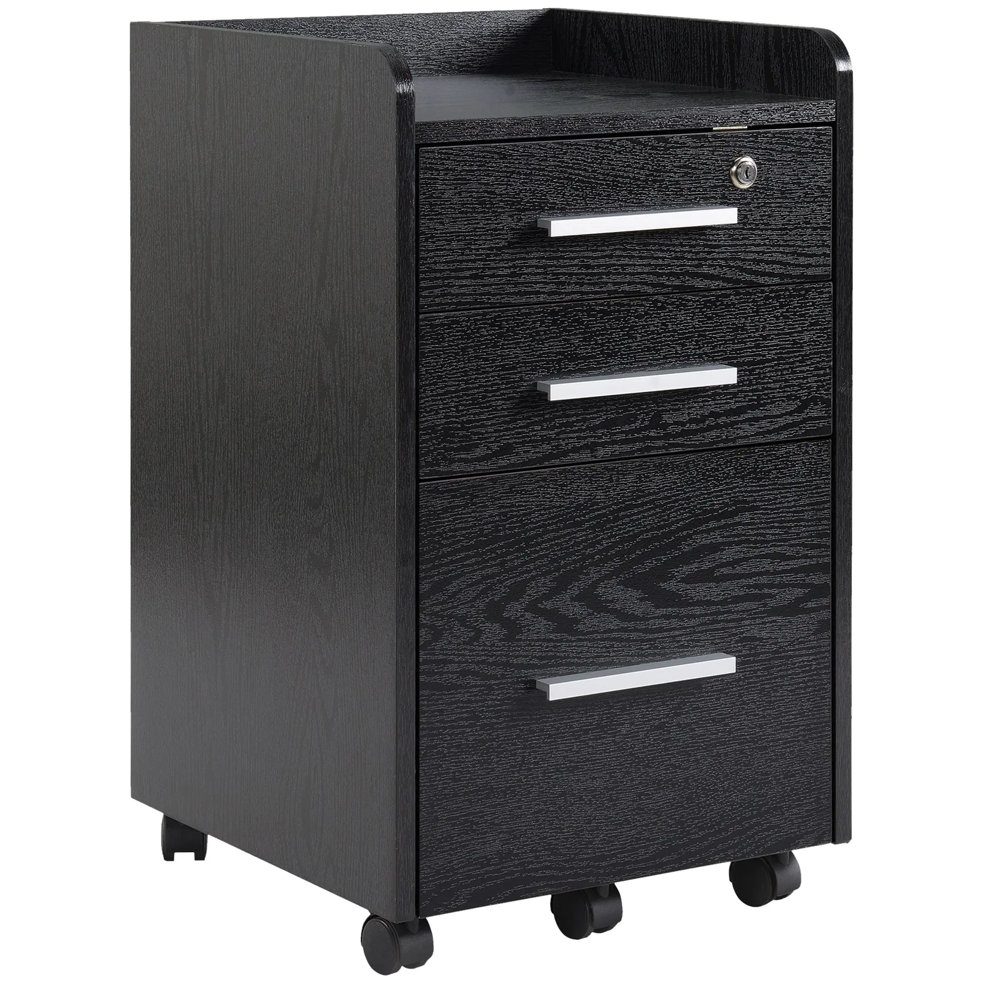 3 Drawer  Lockable Filing Cabinet on Wheels File with Edged Top & Hanging Bars, Black